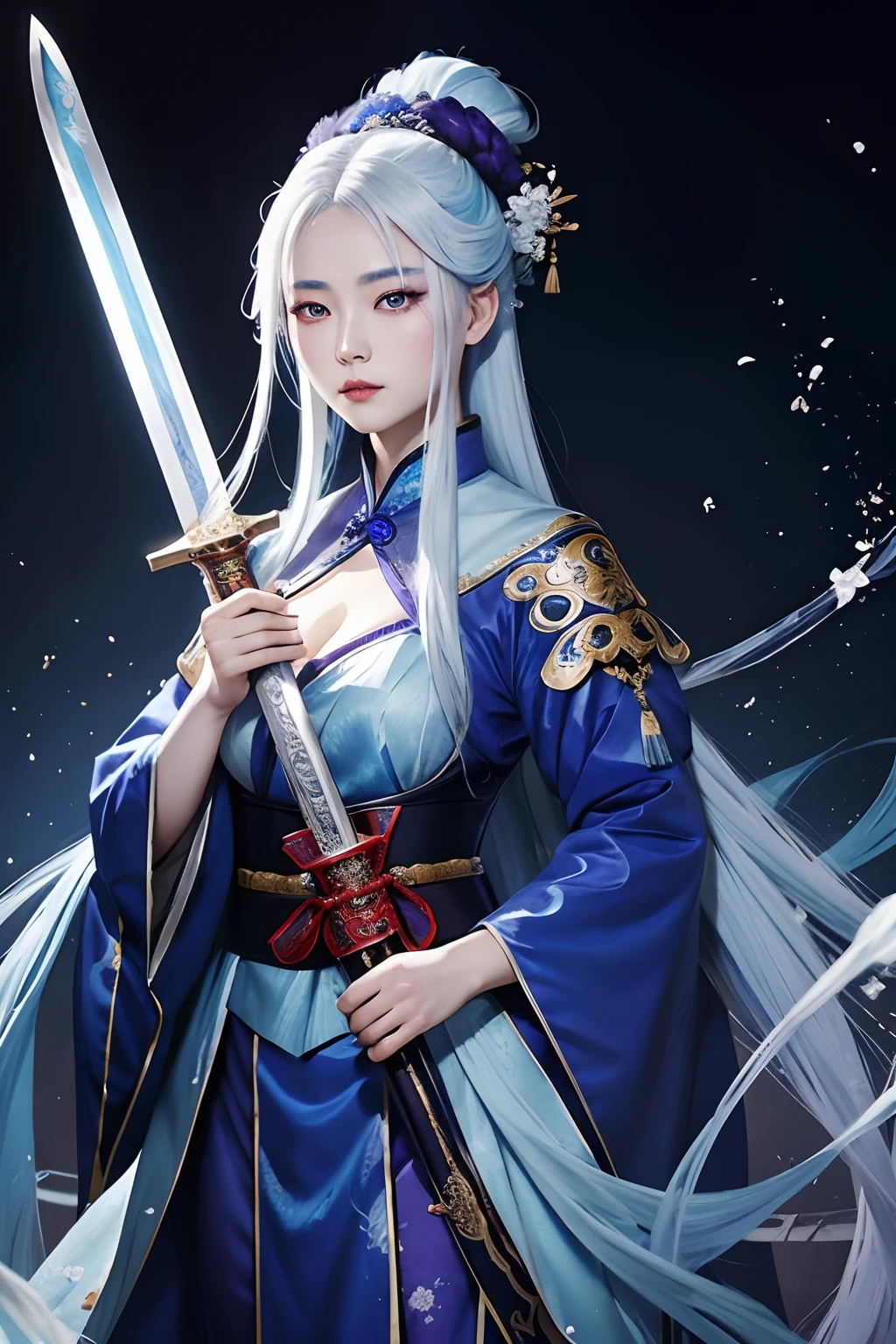 A fantasy/manhua-style painting of a beautiful Chinese empress in blue clothing with white hair and bright purple eyes, she is holding an unshelved sword splattered in blood, full body painting, she is