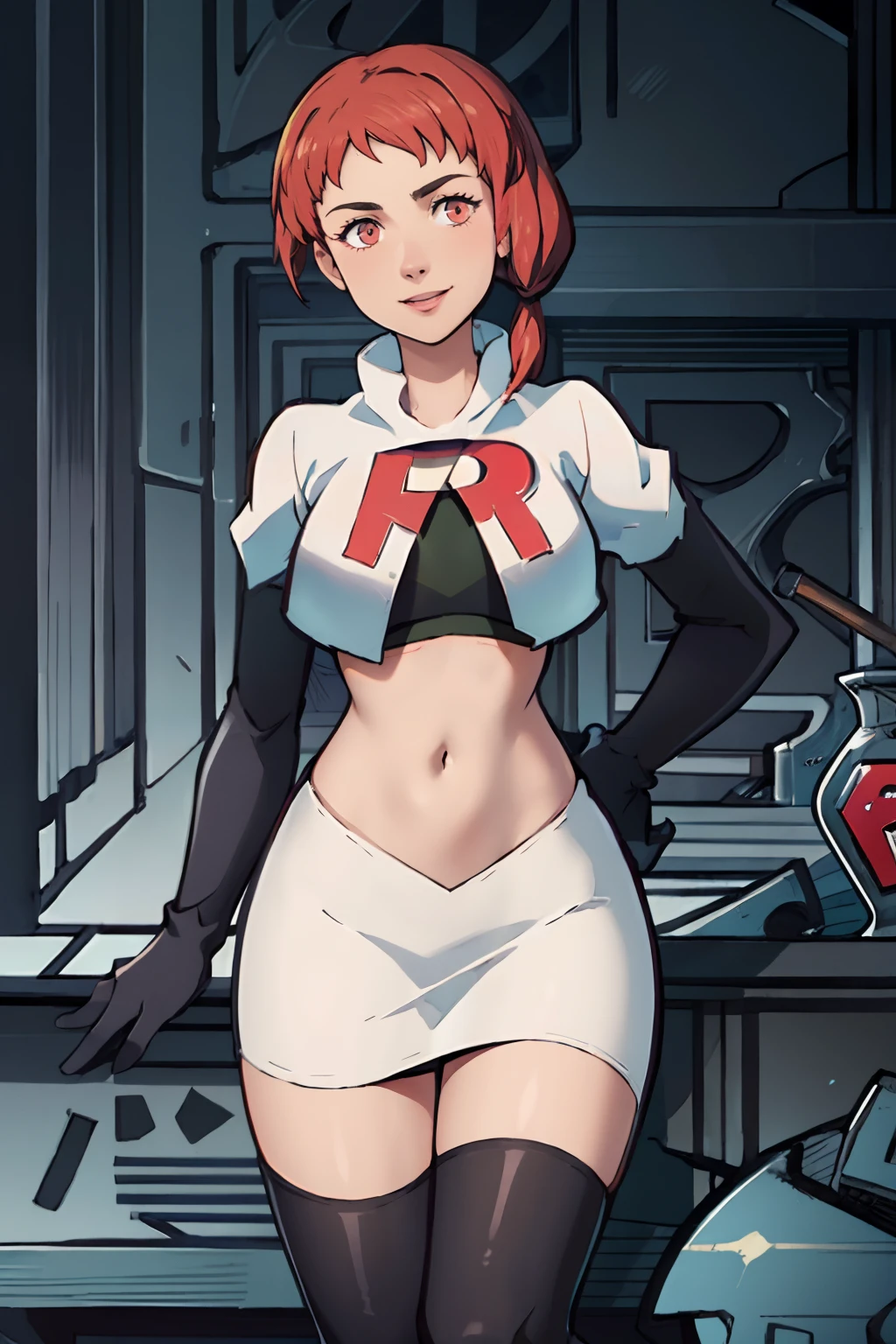 leonie pinelli, team rocket uniform, red letter R, white skirt,white crop top,black thigh-highs,black elbow gloves, confident smile