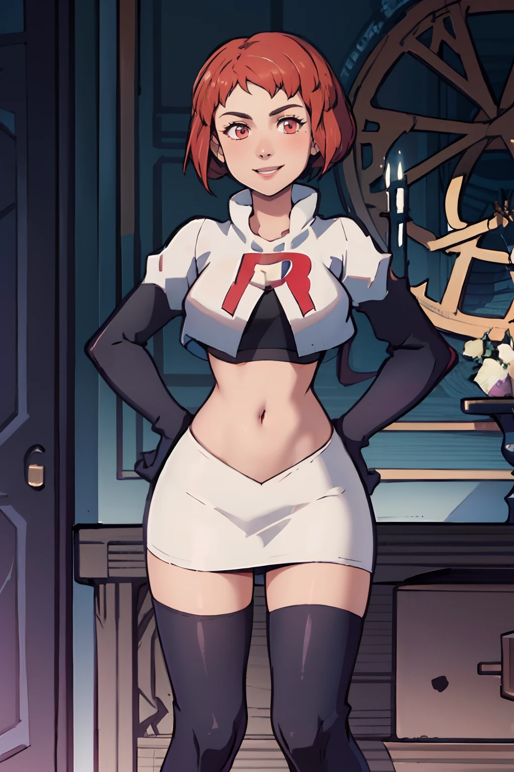 leonie pinelli, team rocket uniform, red letter R, white skirt,white crop top,black thigh-highs,black elbow gloves, confident smile