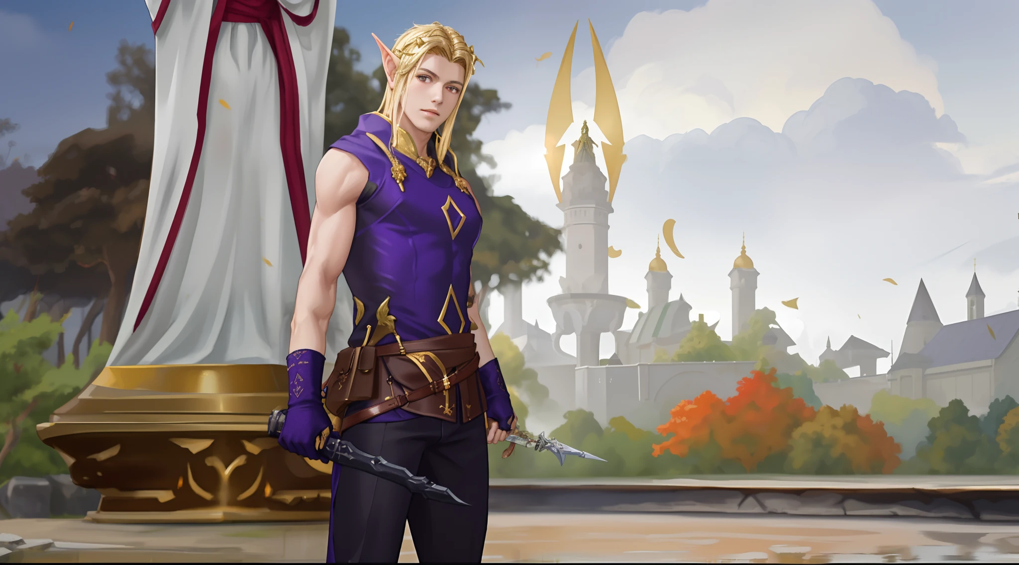 Male Anime Character with Elven Characteristics, destacando orejas puntiagudas y cabello rubio que cae hasta los hombros en un estilo ligeramente despeinado. His face shows a serious and confident expression, y sus ojos son de un vibrante color verde esmeralda.
He wears a dark purple suit, consisting of a sleeveless tunic with geometric motifs in the shape of golden diamonds. He wears a brown double-breasted leather belt on his torso, con detalles intrincados y bolsillos. Su atuendo se complementa con guantes morados que cubren hasta sus antebrazos.
En su mano derecha sostiene una daga de hoja plateada, with a cross-shaped guard and a black hilt.
The background shows an open-air stage with elevated architectural structures, que parecen ser torres o monumentos. Estas estructuras tienen puntas con formas de llamas hechas de un material cristalino que emite un resplandor anaranjado y rojizo. You can also see a sort of golden pedestal with reddish accents in the foreground on the left. The scenery is complete with autumn trees and a clear sky with a few clouds