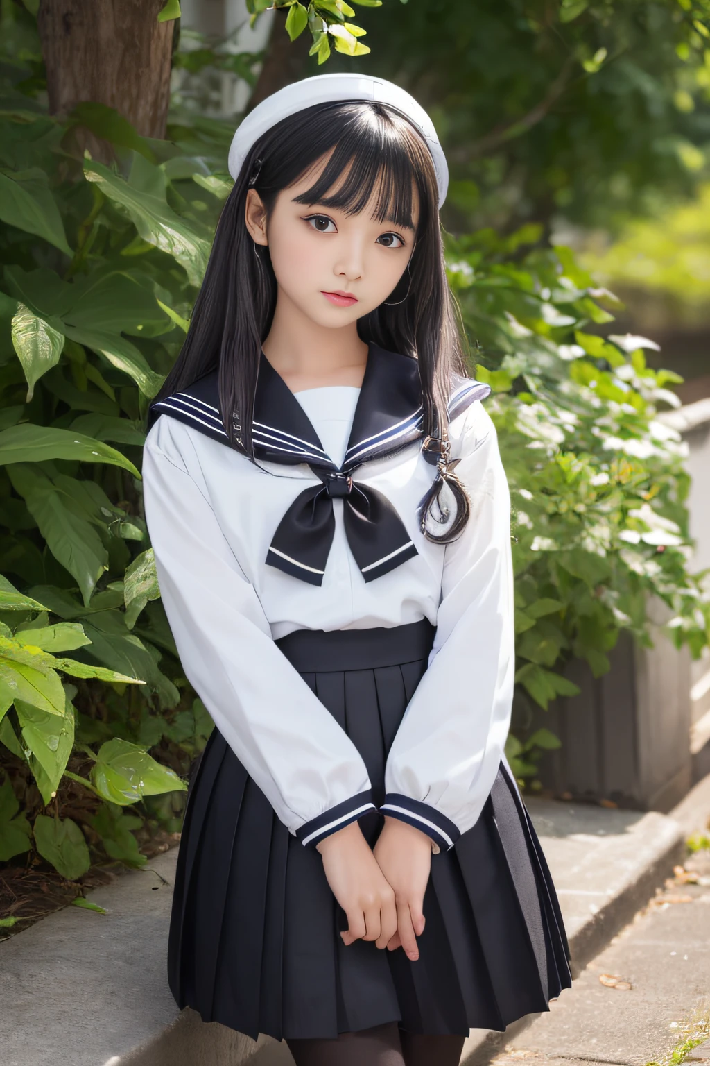 grab the hem(masterpiece,highest quality,ultra high resolution),japanese girl, ponytail:1.1,Twin tails are attractive:1.05,very beautiful  girl）,Naïve girl、(perfect limbs、perfect anatomy),(junior high school sailor suit:1.3) , (strong wind, Blowing clothes and skirts:1.6),ponytail:1.3,twin tails,surprisingly cute 、Wearing Japanese school uniform、White and Blue line、japanese school uniform、surreal 、dressed like a high school girl、surreal 、wearing a uniform、girl in uniform、wearing a uniform、 Temporarily stop、Sky seen from below、((Perfect Anatomy:1.2))、Camel Toe、((Lower body naked:1.2))、Camel Toe 、Full body Esbian、nice skin、glowing skin、nice thighs、Shining thighs、shining legs、black high socks above the knee、Japanese high school 、beautiful skin、Moist eyes、brown shiny hair、Colors and landscapes of youth、feeling of love, embarrassing smile, go to school, morning, Sheer, Wet,(((lift up the skirt)))、camel toe、A very cute girl with a young face、(Perfect and beautiful pussy line of a young person :1.2)、thin body,thin legs,Standing and grabbing the hem of a navy blue pleated skirt,very small face,from below、(((a girl with a very young face :1.3)))