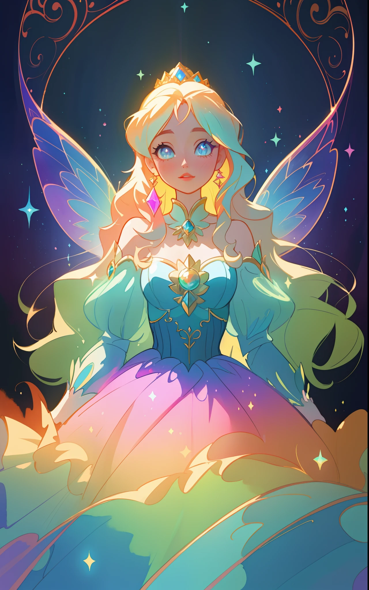 beautiful girl, puffy tiered rainbow ballgown, princess, intricate dress design, (colorful), long wavy hair, magical lights, sparkling magical liquid, inspired by Glen Keane, inspired by Lois van Baarle, disney art style, by Lois van Baarle, glowing aura around her, by Glen Keane, jen bartel, glowing lights! digital painting, flowing glowing hair, glowing flowing hair, beautiful digital illustration, fantasia background, whimsical, magical, fantasy, ((masterpiece, best quality)), intricate details, highly detailed, sharp focus, 8k resolution, sparkling detailed eyes, liquid watercolor