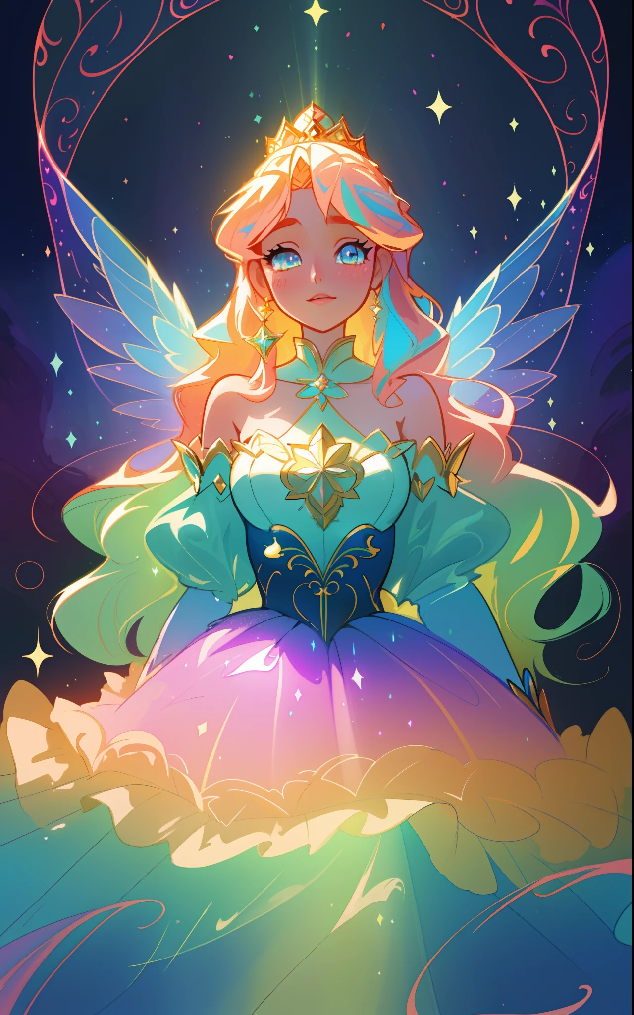 beautiful girl, puffy tiered rainbow ballgown, princess, intricate dress design, (colorful), long wavy hair, magical lights, sparkling magical liquid, inspired by Glen Keane, inspired by Lois van Baarle, disney art style, by Lois van Baarle, glowing aura around her, by Glen Keane, jen bartel, glowing lights! digital painting, flowing glowing hair, glowing flowing hair, beautiful digital illustration, fantasia background, whimsical, magical, fantasy, ((masterpiece, best quality)), intricate details, highly detailed, sharp focus, 8k resolution, sparkling detailed eyes, liquid watercolor