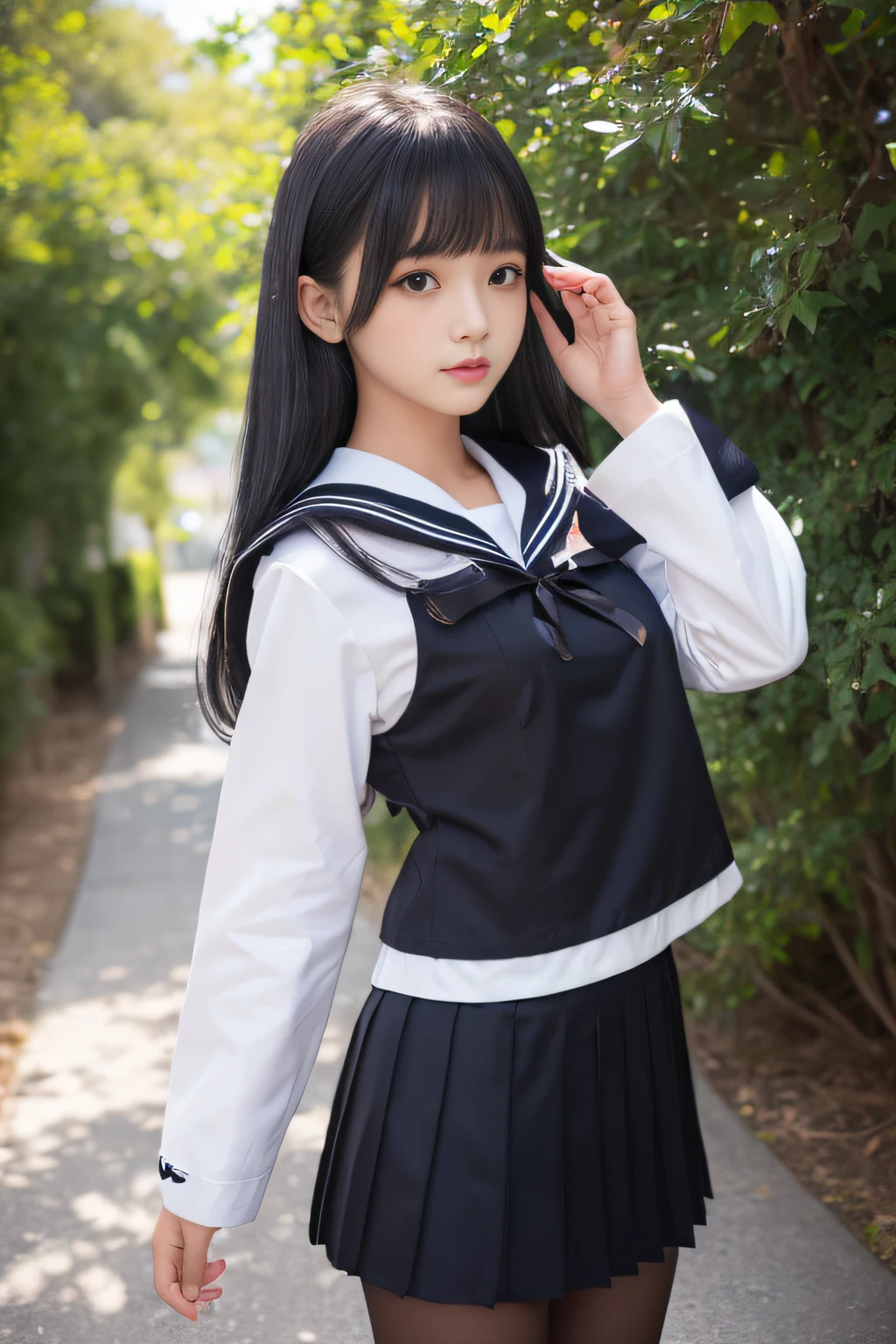 Detailed face、highlight、Asian Girl、thigh、breast enhancement、black髪、Heavy bangs、skirt、Sailor suit、red、black、white