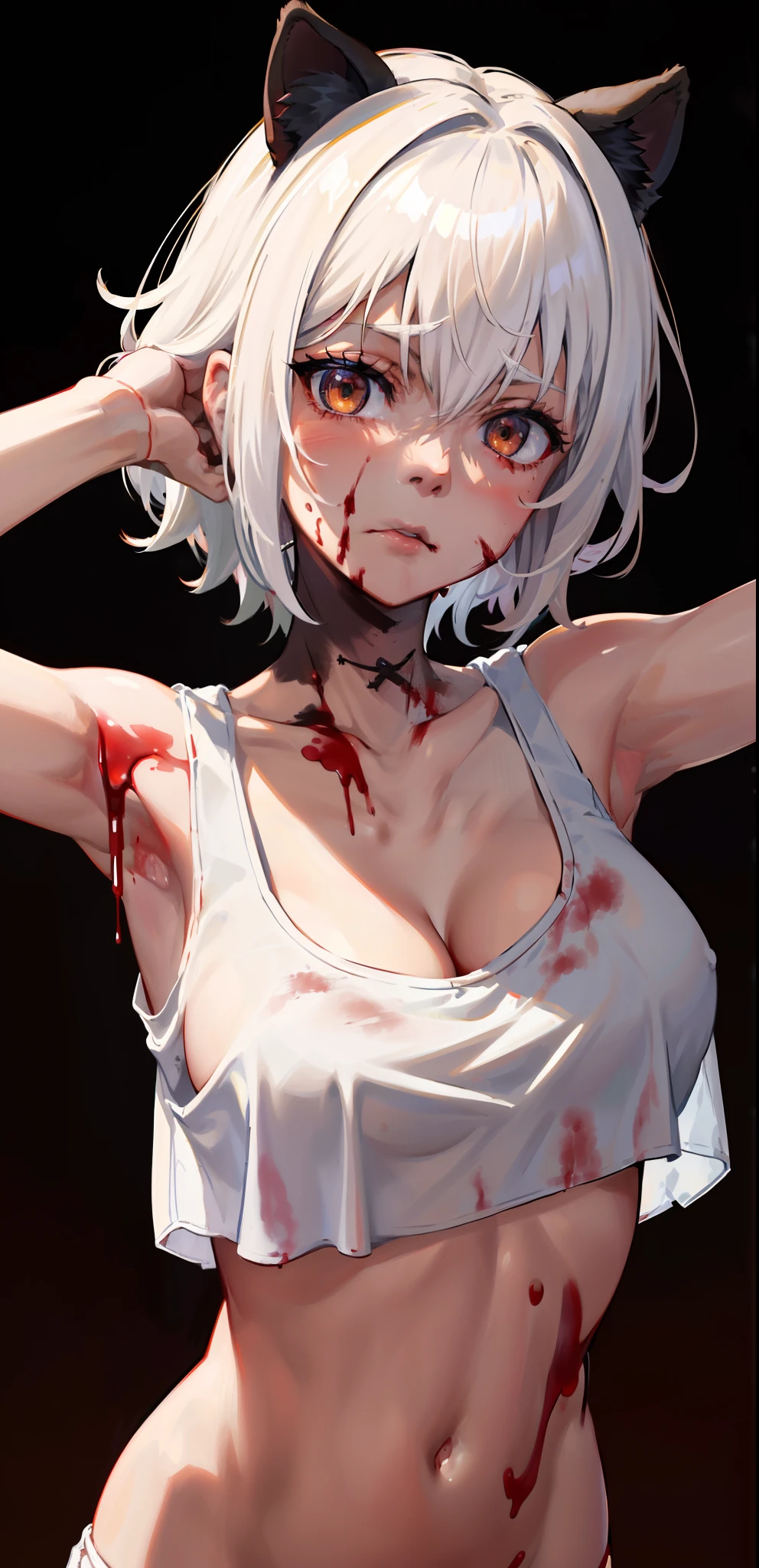 masterpiece, best quality, highres, 1girl, solo, animal ears, white hair, short hair, brown eyes, tail, medium breasts, navel, white panties, cropped tank top, cleavage, (((upper body, 360 view))), standing, ((blood on face)), blood on hand, (murderer), close-up, perfect anatomy, dark theme, (torture room).