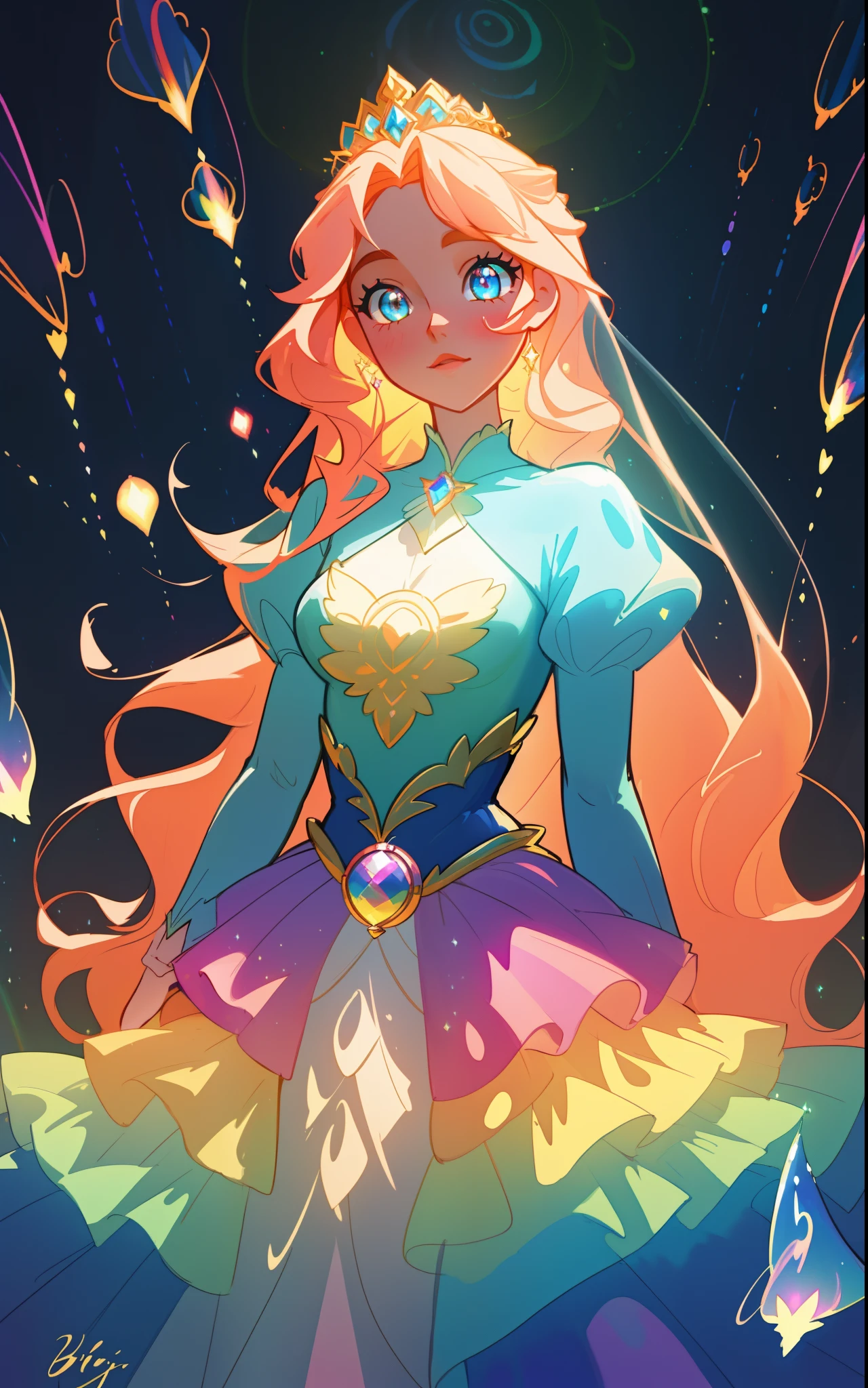 beautiful girl, puffy tiered rainbow ballgown, princess, intricate dress design, (colorful), long wavy hair, magical lights, sparkling magical liquid, inspired by Glen Keane, inspired by Lois van Baarle, disney art style, by Lois van Baarle, glowing aura around her, by Glen Keane, jen bartel, glowing lights! digital painting, flowing glowing hair, glowing flowing hair, beautiful digital illustration, fantasia background, whimsical, magical, fantasy, ((masterpiece, best quality)), intricate details, highly detailed, sharp focus, 8k resolution, sparkling detailed eyes, liquid watercolor