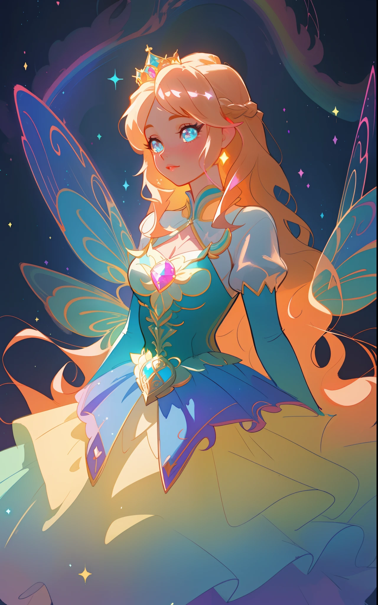 beautiful girl, puffy tiered rainbow ballgown, princess, intricate dress design, (colorful), long wavy hair, magical lights, sparkling magical liquid, inspired by Glen Keane, inspired by Lois van Baarle, disney art style, by Lois van Baarle, glowing aura around her, by Glen Keane, jen bartel, glowing lights! digital painting, flowing glowing hair, glowing flowing hair, beautiful digital illustration, fantasia background, whimsical, magical, fantasy, ((masterpiece, best quality)), intricate details, highly detailed, sharp focus, 8k resolution, sparkling detailed eyes, liquid watercolor