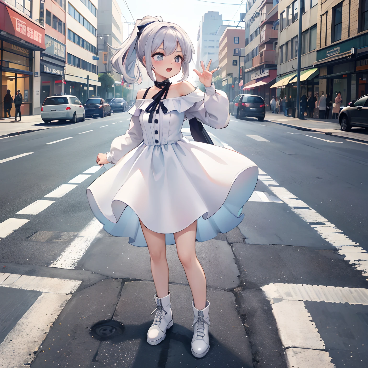 The whole body stands on the street for the best quality，（kawaii：1.1），(Masterpiece), (Best quality), (Super detail)Standing all over the street, singing with a microphone in hand, high ponytail, wearing an off-the-shoulder pure white dress and white boots