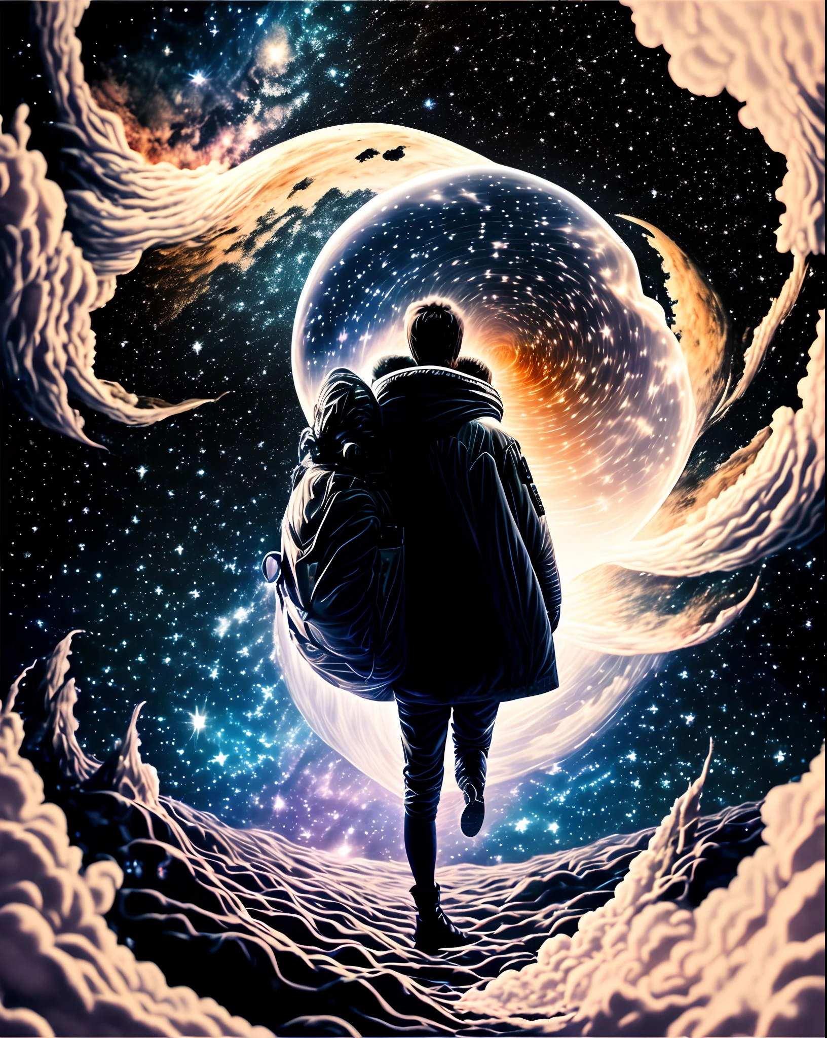 Create an image of a person floating in the vastness of space, surrounded by stars, to emphasize the silence of space