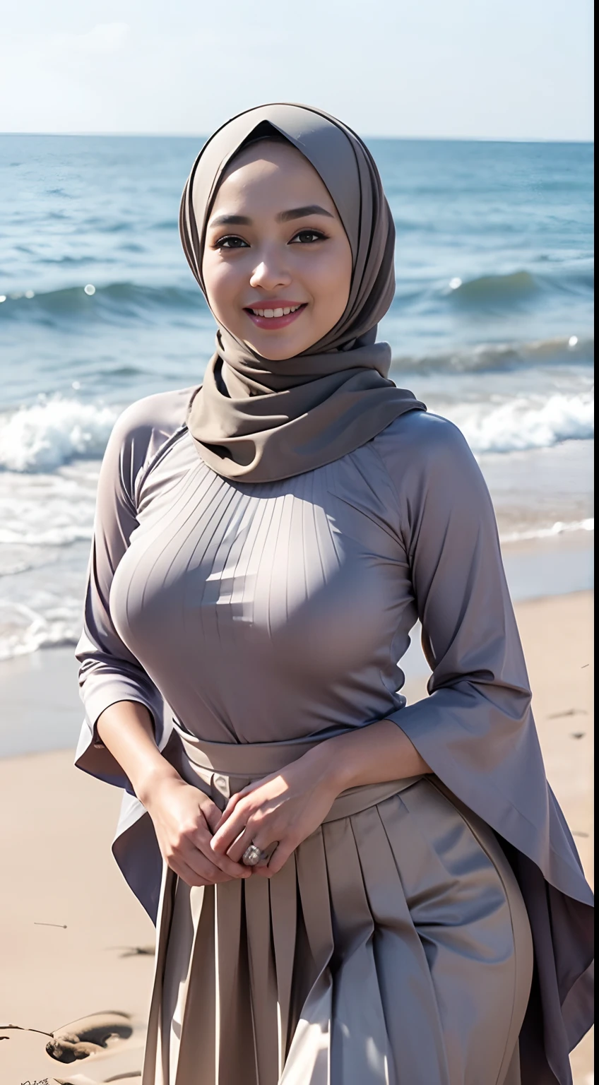 RAW, Best quality, high resolution, Masterpiece: 1.3), Beautiful Malay woman in hijab, Masterpiece, Perfect slim body, Beautiful big eyes, Watery eyes, Soft smile, Wet lips, big breasts, ((wearing a evening dress)), simple diamond necklace, ((closed clothes), ((simple clothes)),((long loose pleated skirt that reaches the ankles)), full body, smiling, breezy, skin details, skin texture details , thick thighs, sexy body, morning time, smiling, happy, bright sunshine, seashore, blurred background, bokeh