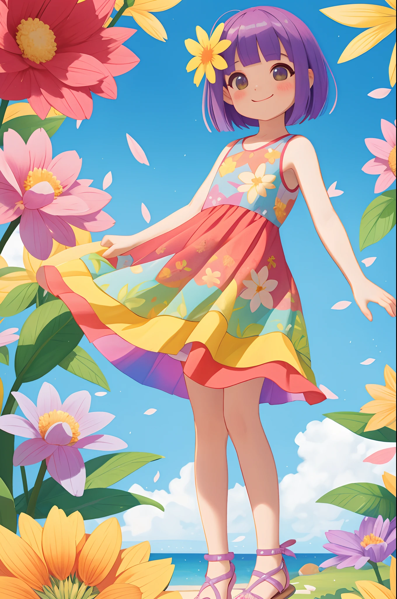 Stand in front of the photo、1girl in,Full body, a short bob、Sleeveless、rainbow color Hair,Colorful flip flops,A slight smil、kawaii pose、Flowing iridescent silk、up of face、Eye Up、Colorcon with heart pattern、Floral dress、There are flowers even in front of you、flower petals、season!!: 夏天☀ 🍂