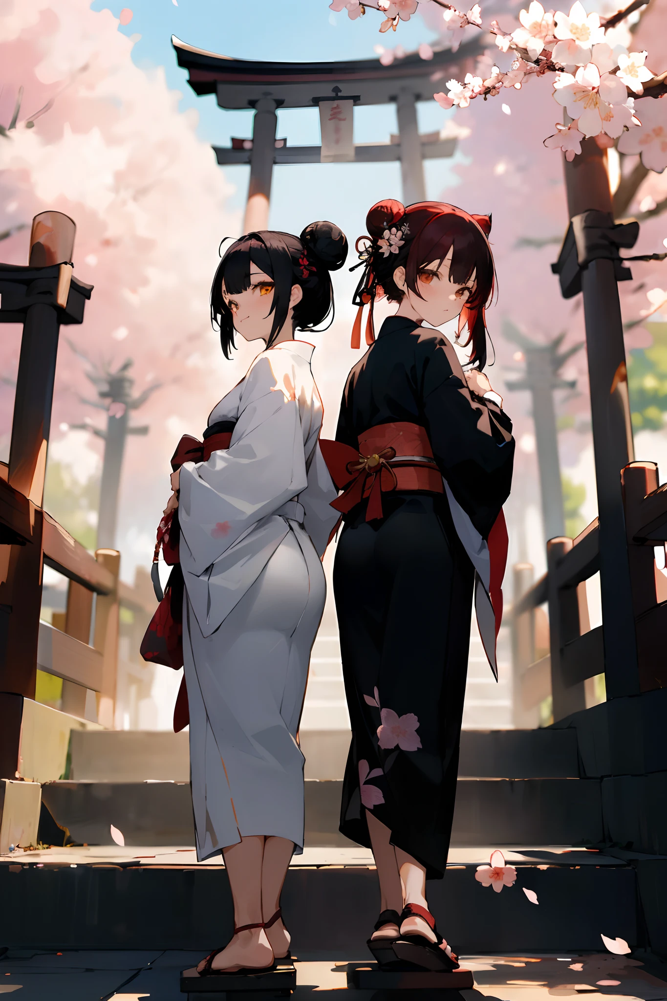 ((Masterpiece,Best quality)),2girls, black kimono, black sock, Black ribbon, Black hair, Cherry blossoms, day, flower, hair-bun, Hair ribbon, Japanese clothes, komono, Long hair, view the viewer, Looking back, Multiple girls, Obi, Outdoors, Red eyes, Red hair, ribbon, sandals, single hair bun, stairways, standing, statue, Torii, tree, White kimono, Yellow eyes with sexy black silk