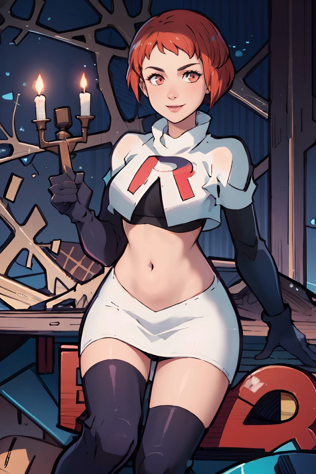 leonie pinelli, short hair, team rocket uniform, red letter R, white skirt,white crop top,black thigh-highs,black elbow gloves, confident smile