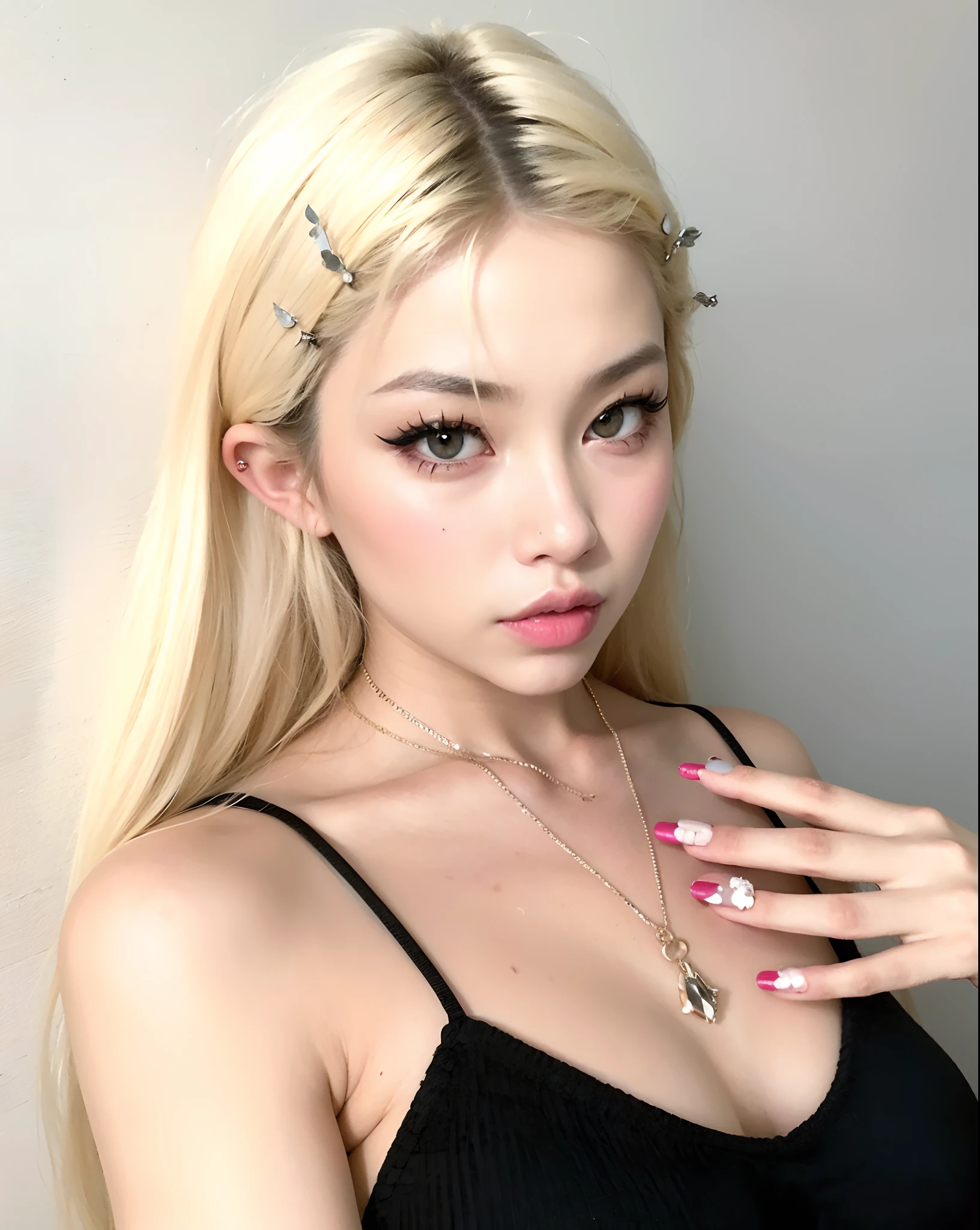 un primer plano de una mujer con cabello largo y rubio con un vestido negro, muchacha coreana, hermosa joven coreana, maquillaje popular de corea del sur, maquillaje coreano popular, hermosa mujer surcoreana, parque roseanne de blackpink, hermosa joven coreana, con el pelo largo y blanco, pelo largo y rubio y ojos grandes, ig model | tipo germen, cruel korean gothic girl