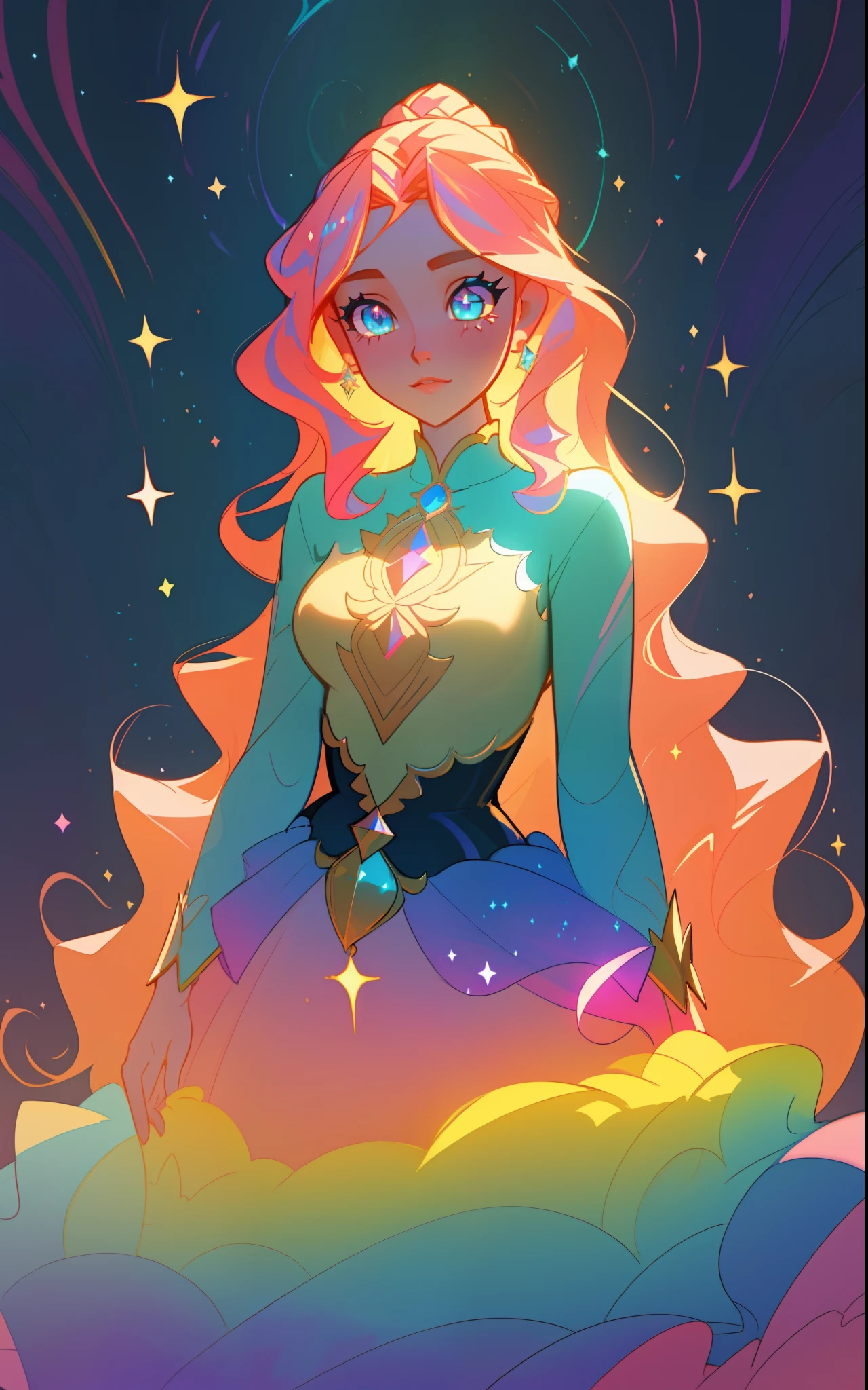 beautiful girl, puffy tiered rainbow ballgown, princess, intricate dress design, (colorful), long wavy hair, magical lights, sparkling magical liquid, inspired by Glen Keane, inspired by Lois van Baarle, disney art style, by Lois van Baarle, glowing aura around her, by Glen Keane, jen bartel, glowing lights! digital painting, flowing glowing hair, glowing flowing hair, beautiful digital illustration, fantasia background, whimsical, magical, fantasy, ((masterpiece, best quality)), intricate details, highly detailed, sharp focus, 8k resolution, sparkling detailed eyes, liquid watercolor