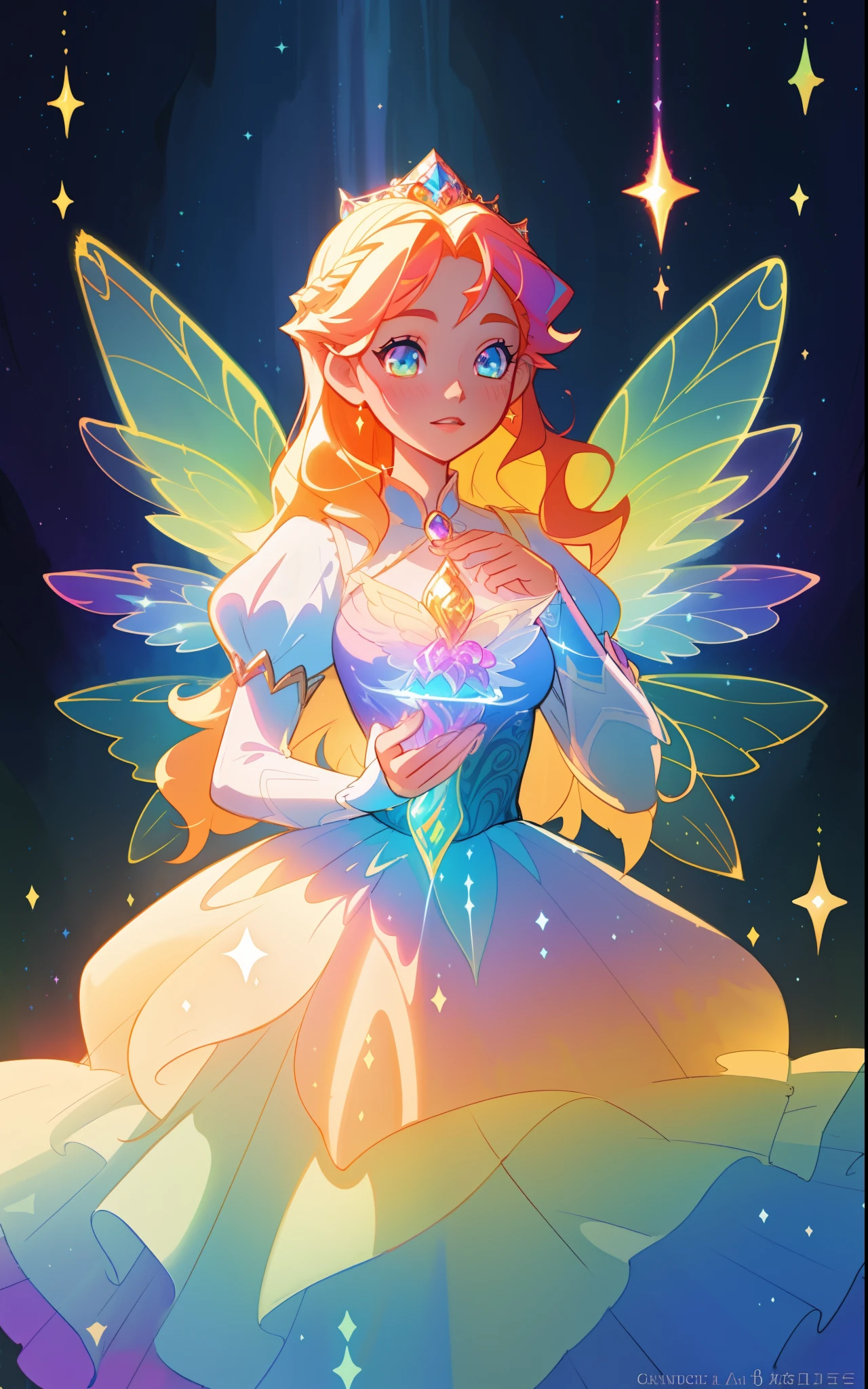 beautiful girl, puffy tiered rainbow ballgown, princess, intricate dress design, (colorful), long wavy hair, magical lights, sparkling magical liquid, inspired by Glen Keane, inspired by Lois van Baarle, disney art style, by Lois van Baarle, glowing aura around her, by Glen Keane, jen bartel, glowing lights! digital painting, flowing glowing hair, glowing flowing hair, beautiful digital illustration, fantasia background, whimsical, magical, fantasy, ((masterpiece, best quality)), intricate details, highly detailed, sharp focus, 8k resolution, sparkling detailed eyes, liquid watercolor