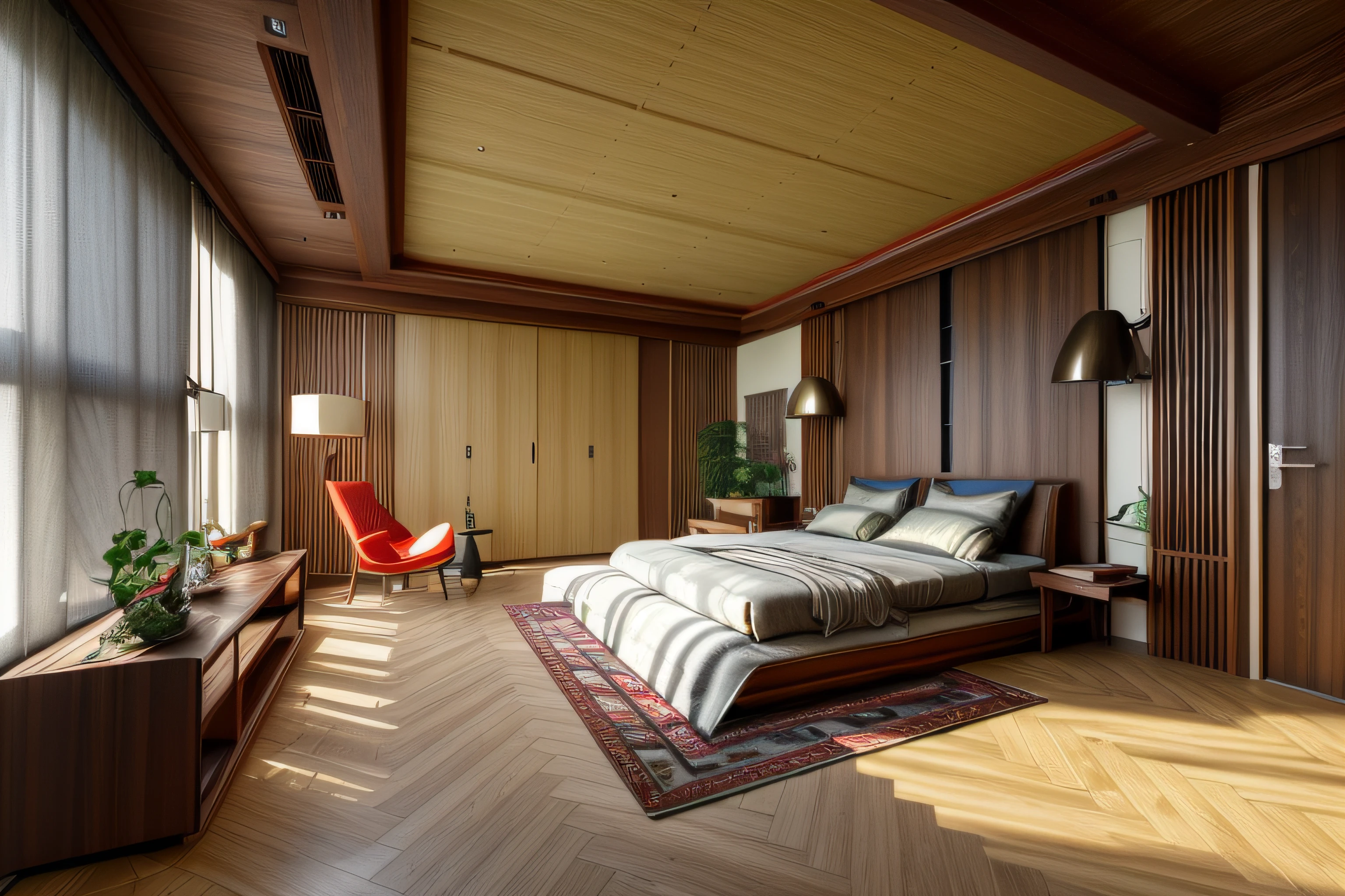 Interior design、Crazy detailed wide-angle building photos、cozy contemporary living room、(Bright warm sunshine 1:0.1)、award-winning contemporary interior design、Red mahogany wood color、DL、a chair、in a house、wooden floor、window、dining room、east asian east asian architecture、Sliding paper doors、lamp lights、buliding、walnut grain、naturey、Cups、A plant、interior design、Insert lights and shadows、depth of fields、low illuminance, led lighting walnut_furniture (11) flower, food, day, indoors, bag, cup, pillow, book, no_humans, window, bed, fruit, chair, table, sunlight, bottle, plant, curtains, box, scenery, couch, wooden_floor, realistic, door, clock, cushion, shelf, vase, statue, painting_(object), still_life, carpet, picture_(object), rug, reflective_floor