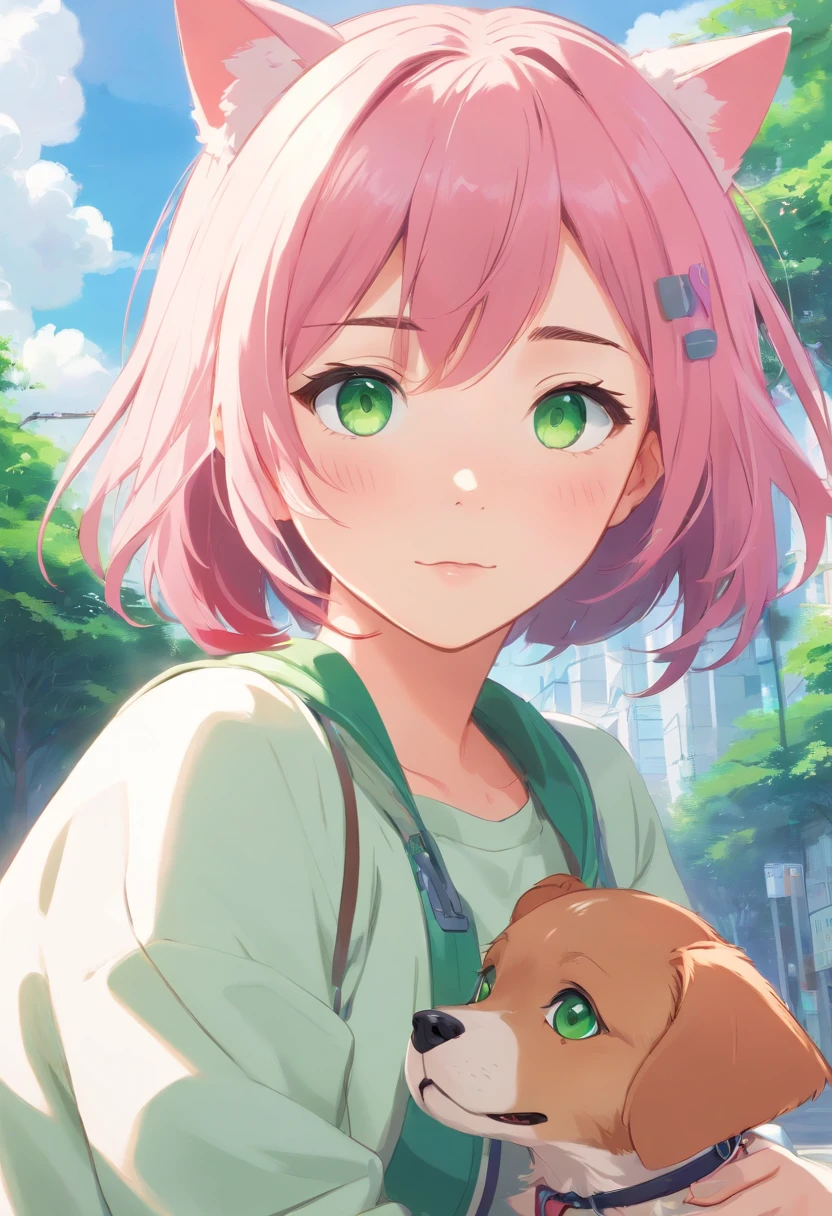 masterpiece, best quality, 1girl, blank white background, pink hair, green eyes, dog-like ears, no dog, no pet, anime art style, cute