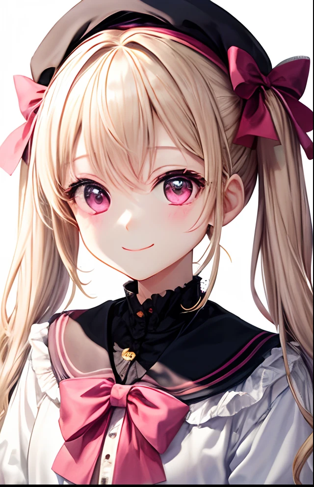 girl with、No background、without background、Background through、White blonde、Pink ash、Pink eyes、Pink eyes、Small double knot、Small twin tails underneath、beret、bow ribbon、A smile、kawaii、