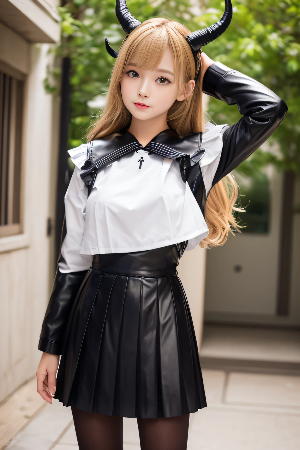 (​masterpiece,top-quality,超A high resolution),A Japanese Lady、Cute as an angel、Kawaii Girl、View photographer､Front view, hyper cute face, Glossy lips, Double eyelids in both eyes, Natural makeup, long eyelashes, shiny and smooth hair, central image,  Perfect limbs, Perfect Anatomy、(((Black leather sailor suit、Black Leather Pleated Skirt))),(Black pantyhose), (((Very beautiful  girl)))、(((a blond)))､(((Horns like goats)))