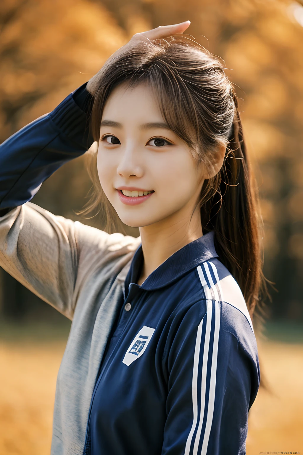 (masterpiece, best quality, photo realistic, official art:1.4), (UHD, 8K quality wallpaper, High resolution, raw photo, film grain:1.2), (shiny skin), professional lighting, physically-based rendering, Award-winning, highly detailed skin, (extremely detailed face and eyes, clear pupils), Carl Zeiss 85 mm F/1.4, depth of field, BREAK, 1girl, solo, kawaii 24-year-old Korean girl, (Nogizaka idol:0.7), (Korean idol:0.9), (glossy brown hair, high ponytail, straight bangs:1.3), rounded face, single eyelid, (splash laughing:1.3), (wearing tracksuits, track jackets:1.3), navy plaid mini skirt, (navy socks, black loafers:0.7), (breasts emphasized, well shaped medium breasts), (looking at viewer), BREAK, at a garden in a school, summer daytime, warm sunlight, (seductive posing, dynamic angle:1.3), breasts focus, upper body shot,