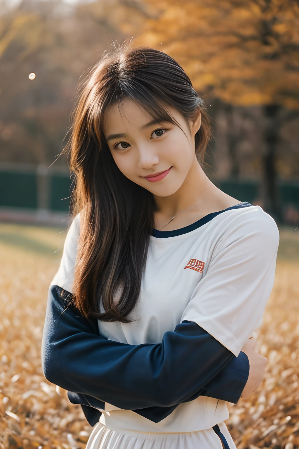 masterpiece、top-quality、(beautiful Korean women)、detail portrayal、1 girl in、23years old、(gymnastic suit:1.1)、autumnal、field day、cowboy shot、(filmg, Ilford HP5, 80mm)、ssmile、Frolic