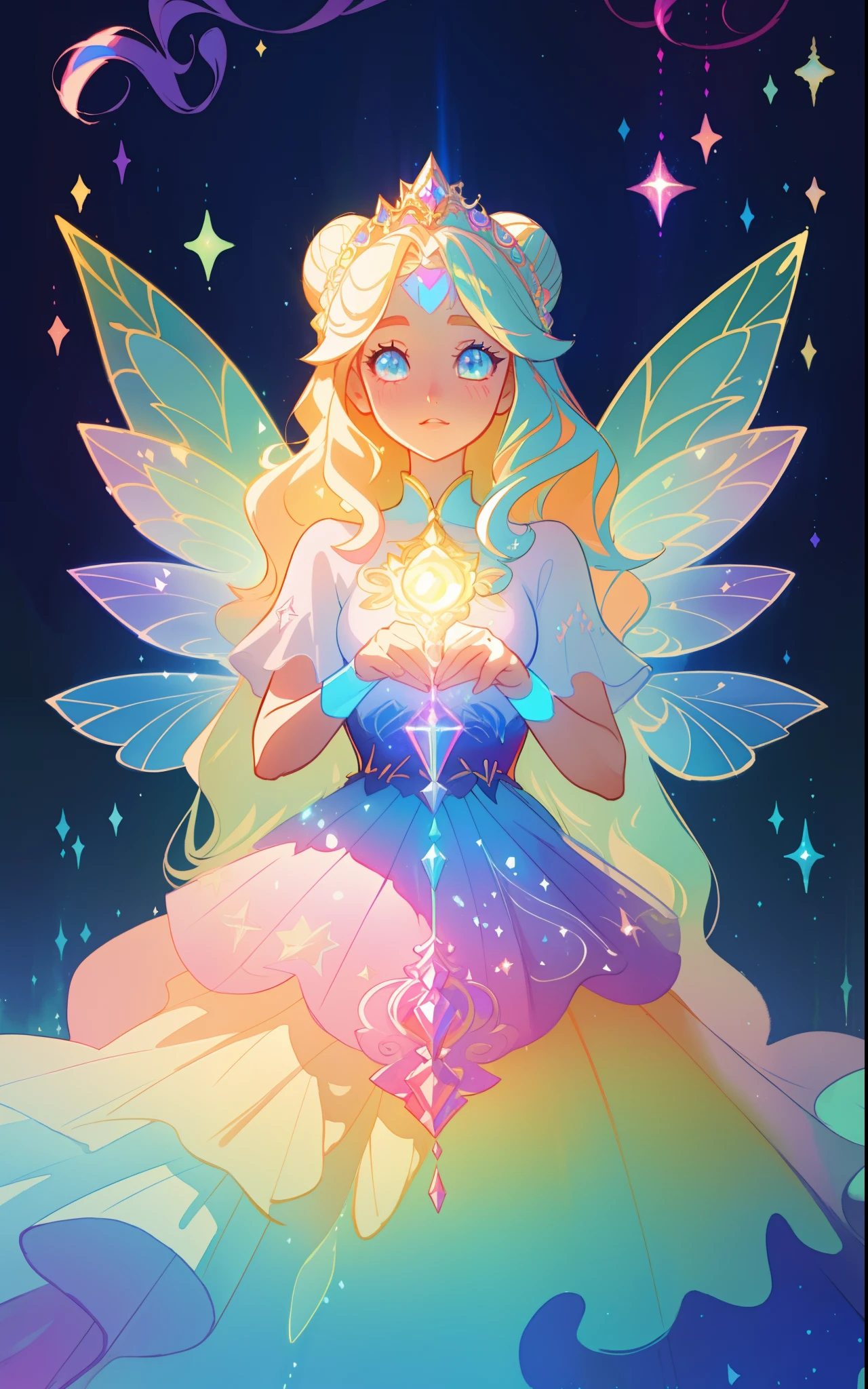 beautiful girl, puffy tiered rainbow ballgown, princess, intricate dress design, (colorful), long wavy hair, magical lights, sparkling magical liquid, inspired by Glen Keane, inspired by Lois van Baarle, disney art style, by Lois van Baarle, glowing aura around her, by Glen Keane, jen bartel, glowing lights! digital painting, flowing glowing hair, glowing flowing hair, beautiful digital illustration, fantasia background, whimsical, magical, fantasy, ((masterpiece, best quality)), intricate details, highly detailed, sharp focus, 8k resolution, sparkling detailed eyes, liquid watercolor