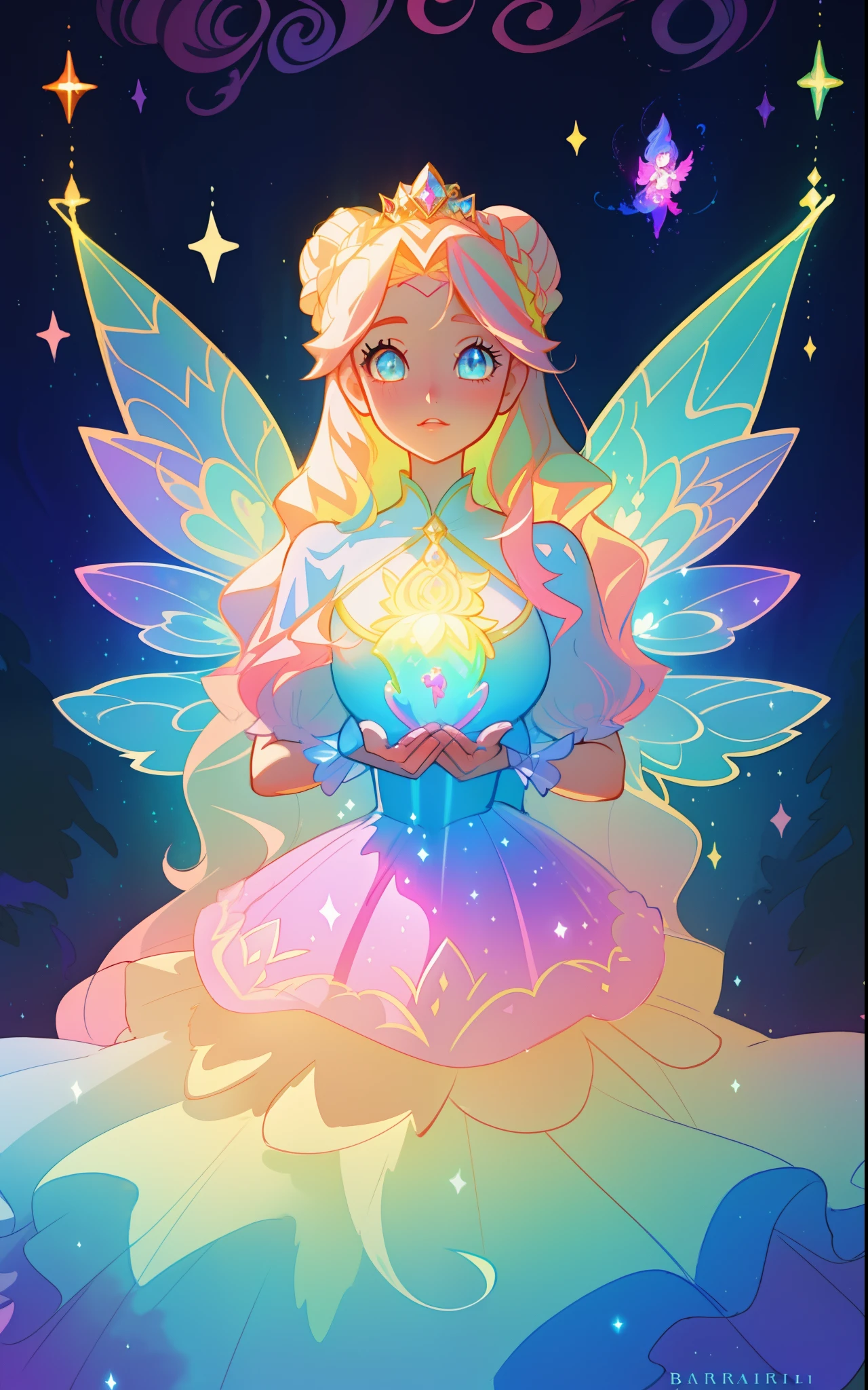 beautiful girl, puffy tiered rainbow ballgown, princess, intricate dress design, (colorful), long wavy hair, magical lights, sparkling magical liquid, inspired by Glen Keane, inspired by Lois van Baarle, disney art style, by Lois van Baarle, glowing aura around her, by Glen Keane, jen bartel, glowing lights! digital painting, flowing glowing hair, glowing flowing hair, beautiful digital illustration, fantasia background, whimsical, magical, fantasy, ((masterpiece, best quality)), intricate details, highly detailed, sharp focus, 8k resolution, sparkling detailed eyes, liquid watercolor