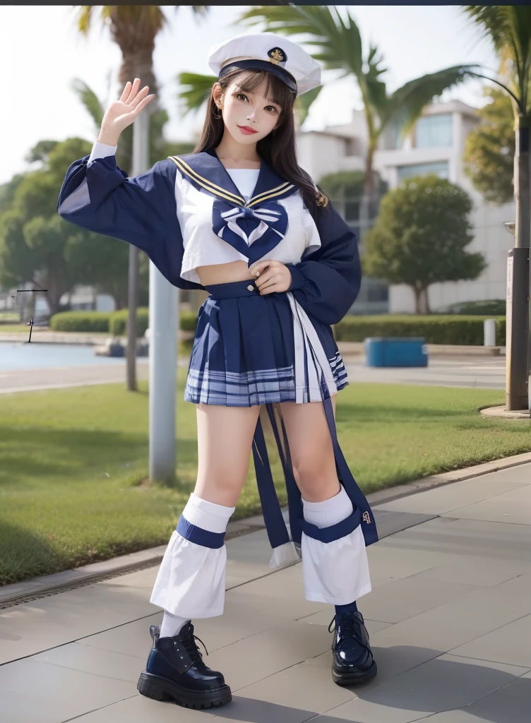 Cute look、infp young woman、large full breasts、beautiful foot、Colorful hair、、Good Style、Tops、Marine Look、Sailor Uniform(Sailor hat)、a miniskirt