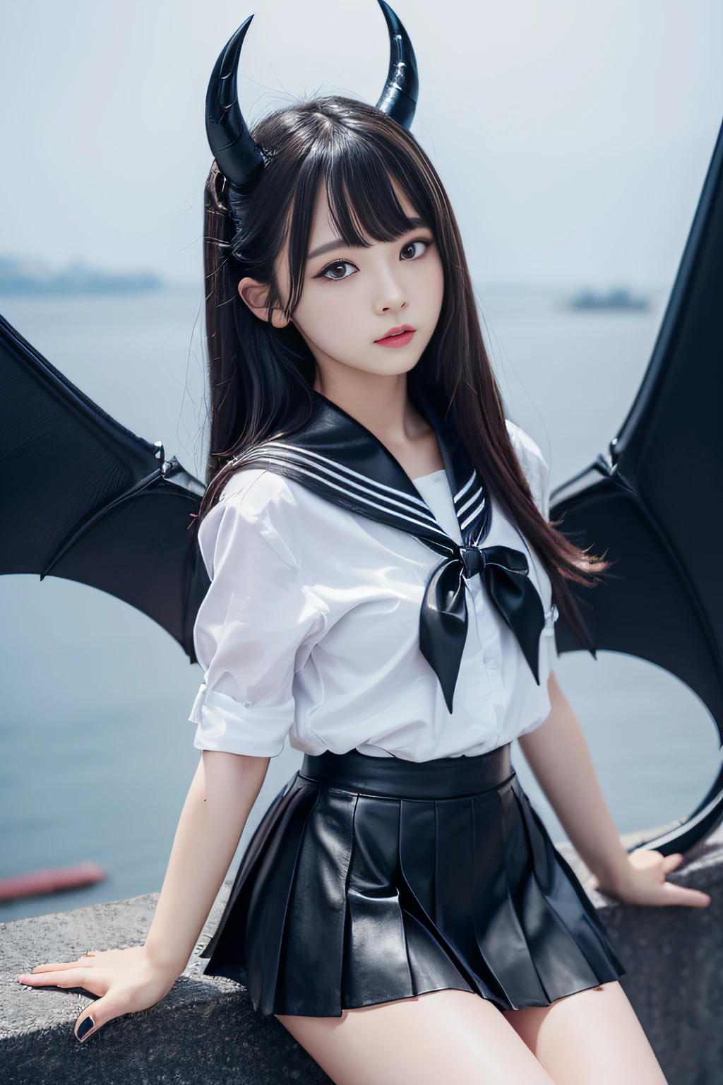 (​masterpiece,top-quality,超A high resolution),A Japanese Lady、Cute as an angel、Kawaii Girl、View photographer､Front view, hyper cute face, Glossy lips, Double eyelids in both eyes, Natural makeup, long eyelashes, shiny and smooth hair, central image,  Perfect limbs, Perfect Anatomy、(((Black leather sailor suit、Black Leather Pleated Skirt))),(Black pantyhose), (((Very beautiful 11 year old girl)))、(((long hair of white color)))､(((Giant Devil's Horn)))､(((giant bat wings))、(((mid air)))､(((Has a huge scythe)))