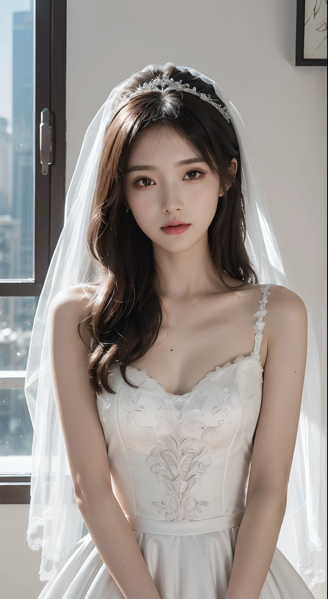 (Very detailed, reasonable design, Clear lines,Best quality, Masterpiece,Light and dark Canon photography is crystal clear （realisticlying:1.2）Beautiful woman in white wedding dress