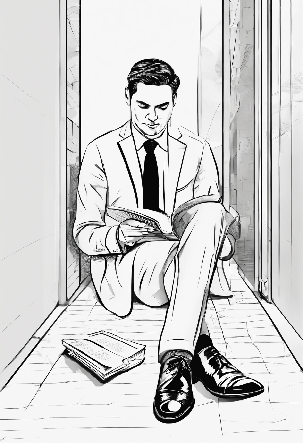 [Man sitting on the floor of a clean public toilet,Dressed in a suit and leather shoes。He was holding a book,There is a briefcase next to it。