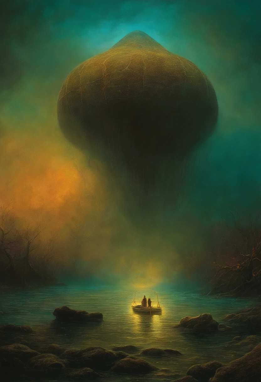 Creatures of mythology, por Zdzislaw Beksinski, Van Gogh, album cover art, Stranger Things, surrealismo, futuristic ,Submarino, hechicero, abstracto, oscuro, Paisaje