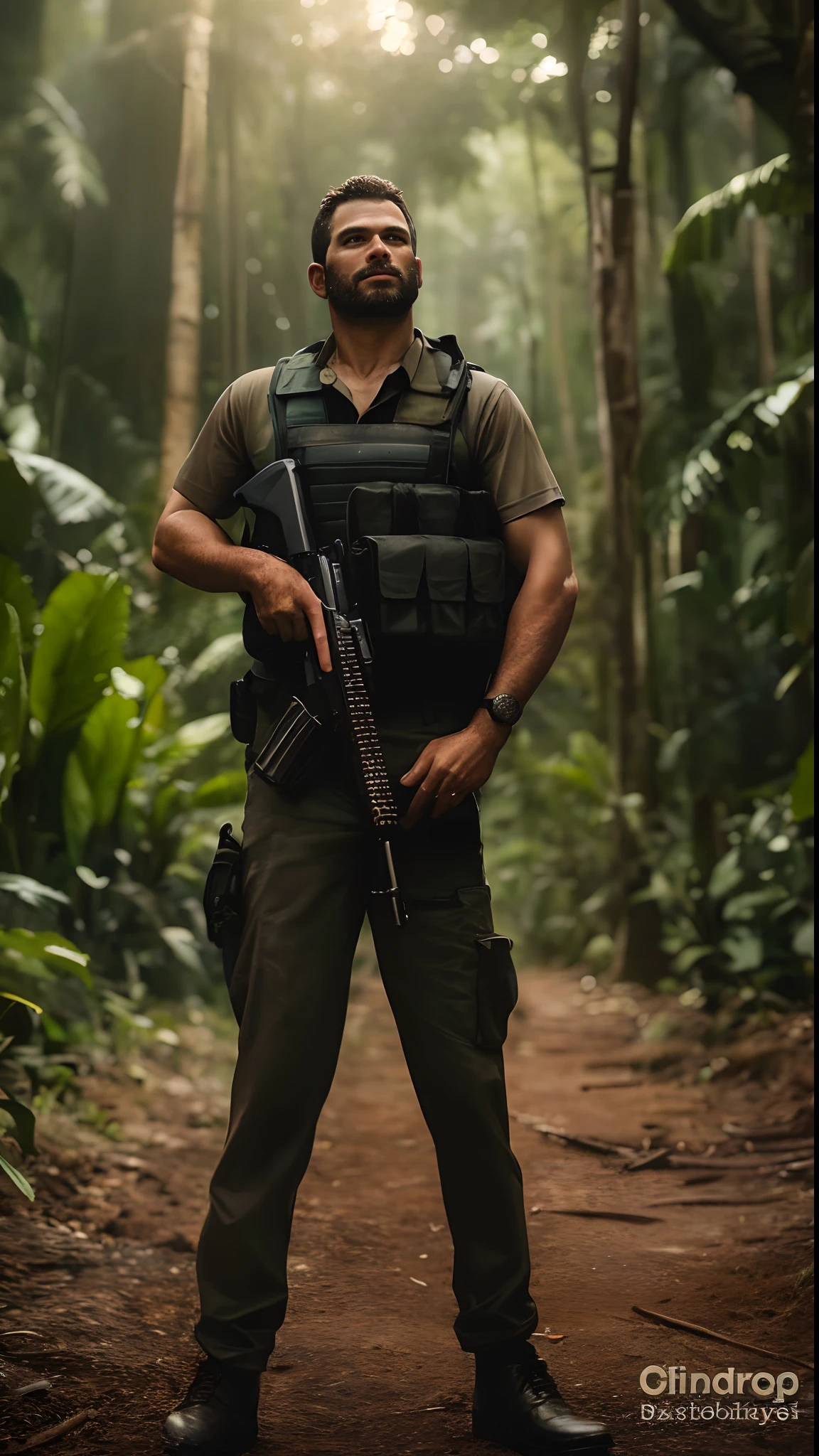 Man in a jungle with a gun in his hand, soldado masculino na floresta, em um ambiente de selva, Ranger masculino robusto em batalha, na selva, em uma selva, Ainda do filme Predador, na selva, man is carrying a rifle, na floresta da selva, Retrato de corpo inteiro de um guarda florestal, Selvas ao fundo