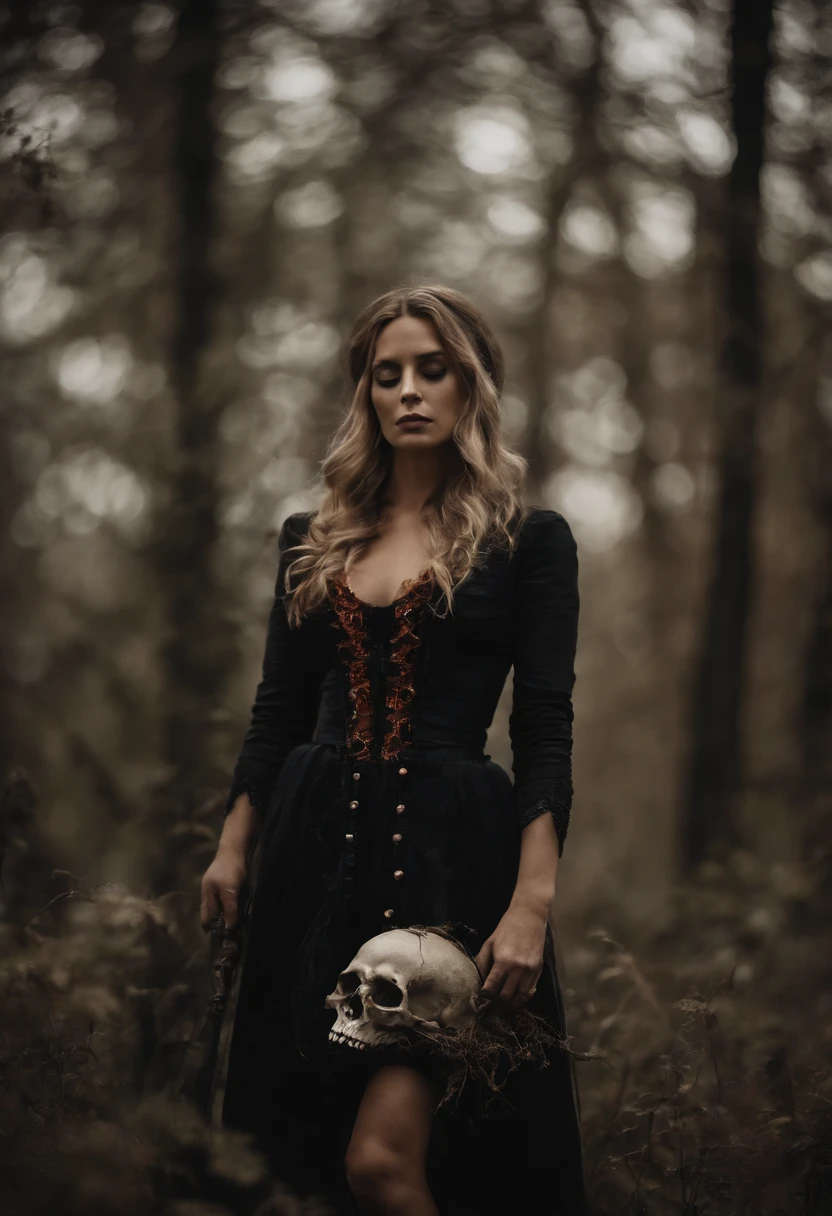 A witch of exuberant and sensual beauty in the cemetery holding a skull