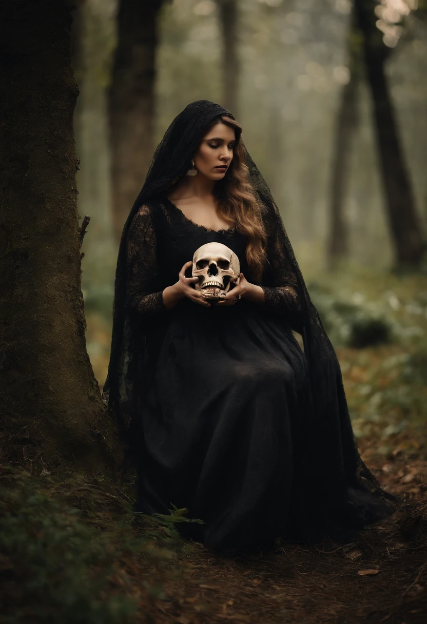 A witch of exuberant and sensual beauty in the cemetery holding a skull