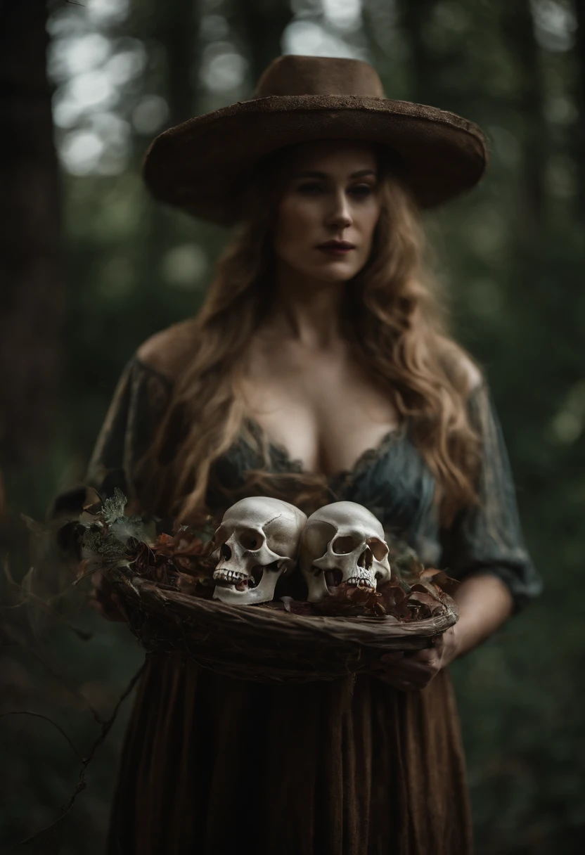 A witch of exuberant and sensual beauty in the cemetery holding a skull