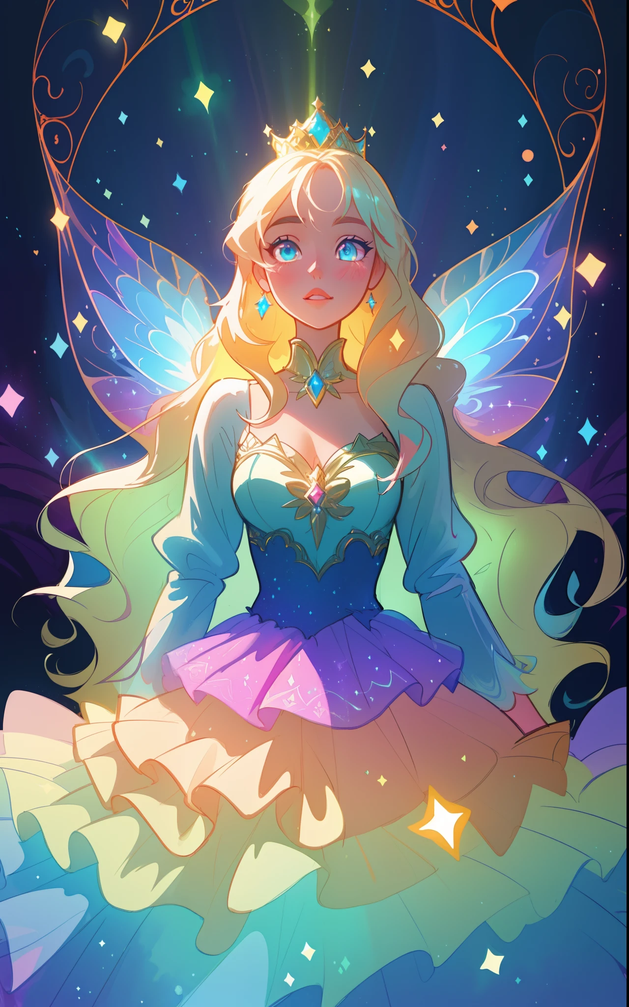 beautiful girl, puffy tiered rainbow ballgown, princess, intricate dress design, (colorful), long wavy hair, magical lights, sparkling magical liquid, inspired by Glen Keane, inspired by Lois van Baarle, disney art style, by Lois van Baarle, glowing aura around her, by Glen Keane, jen bartel, glowing lights! digital painting, flowing glowing hair, glowing flowing hair, beautiful digital illustration, fantasia background, whimsical, magical, fantasy, ((masterpiece, best quality)), intricate details, highly detailed, sharp focus, 8k resolution, sparkling detailed eyes, liquid watercolor