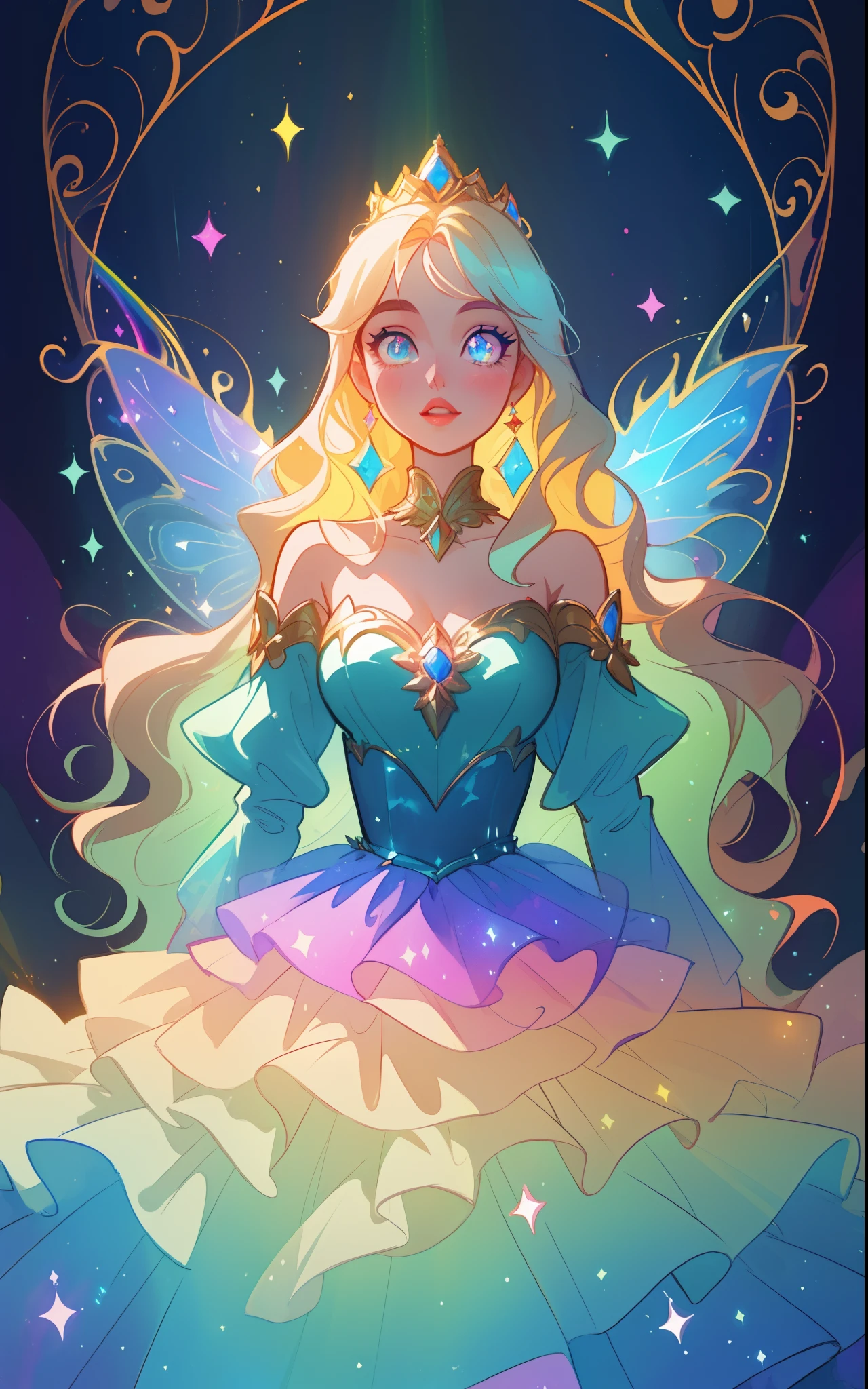 beautiful girl, puffy tiered rainbow ballgown, princess, intricate dress design, (colorful), long wavy hair, magical lights, sparkling magical liquid, inspired by Glen Keane, inspired by Lois van Baarle, disney art style, by Lois van Baarle, glowing aura around her, by Glen Keane, jen bartel, glowing lights! digital painting, flowing glowing hair, glowing flowing hair, beautiful digital illustration, fantasia background, whimsical, magical, fantasy, ((masterpiece, best quality)), intricate details, highly detailed, sharp focus, 8k resolution, sparkling detailed eyes, liquid watercolor