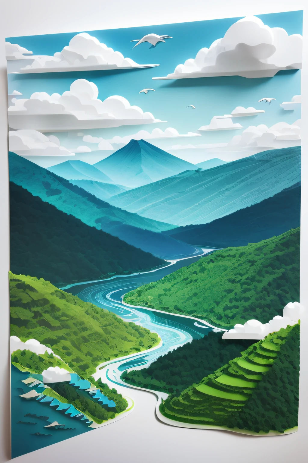 paper cut out,with blue sky and white clouds,Green Mountains and Green Water,terraced,Birds fly over it, layered paper art, arte em papel cortado, layered paper style, paper art, intricate 3 d illustration, paper cut out collage artwork, paper cut out, 3d minimalistic art, original and creative landscape, Multi-layered artwork, layered paper, paper modeling art, cut-out paper collage