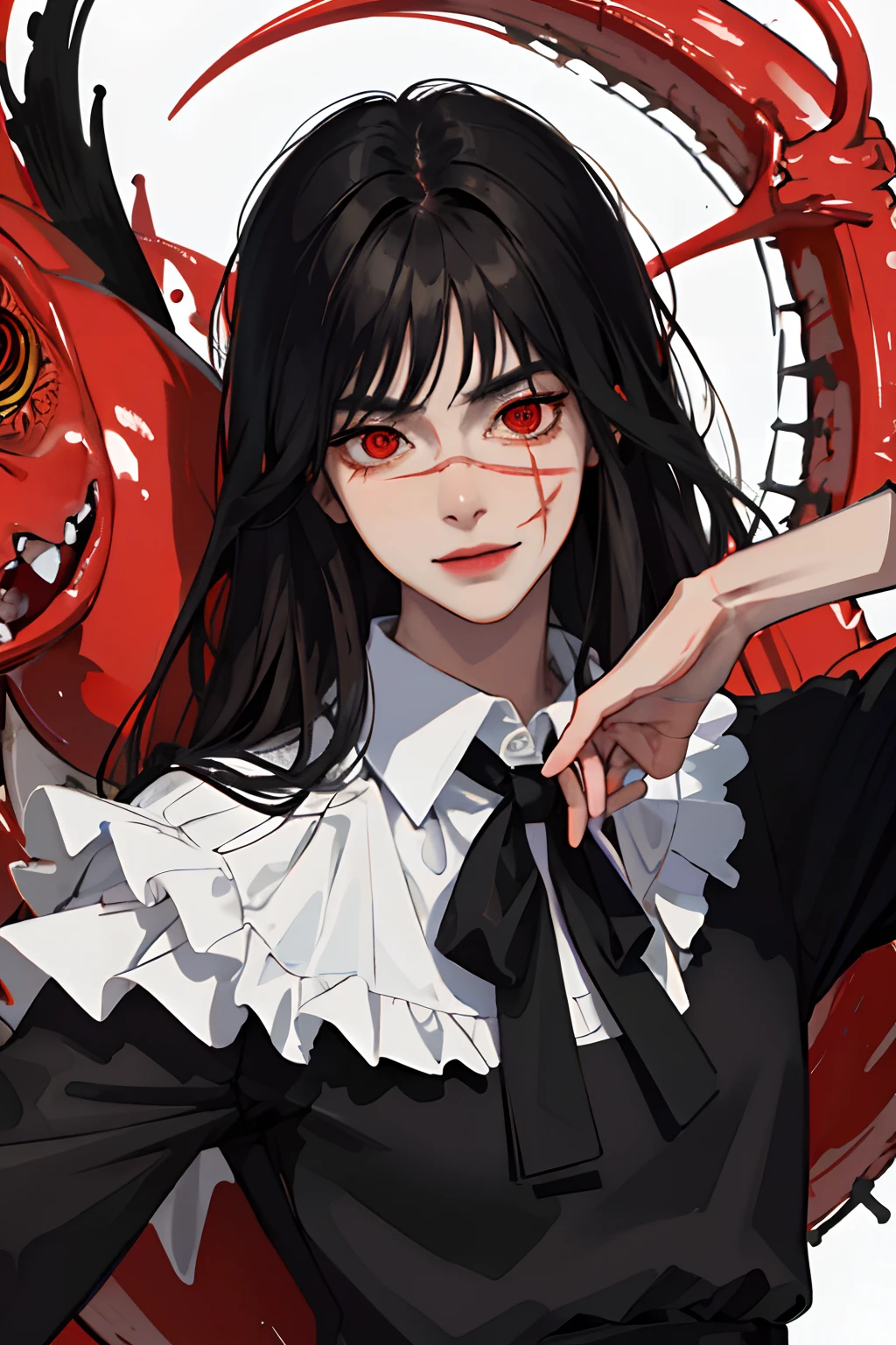 (masterpiece, best quality: 1.2), yoru\(chainsaw man\),(very detailed face, real image, realistic skin, realistic body, intricate details), (solo, upper body) evil smile,
serious, looking at the viewer, red eyes, school uniform, pinaforee dress, shirt, neck ribbon, close-up
