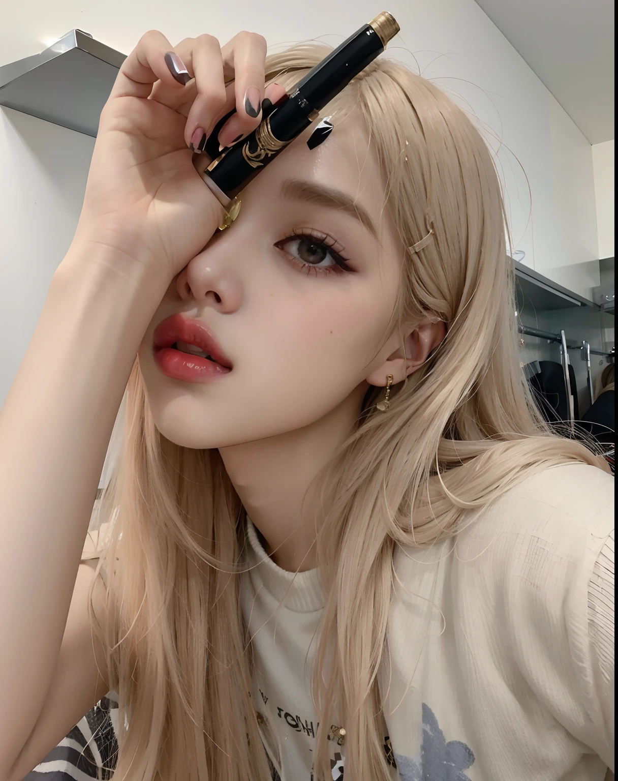 Blonde woman with long hair and lipstick holding a paintbrush in her hand, Parque Roseanne de Blackpink, Jossi de Blackpink, Retrato de Jossi de Blackpink, maquillaje popular de Corea del Sur, Blackpink Jennie, Lalisa Manoban de Blackpink, maquillaje coreano popular, Cl, Ava Max, Lalisa Manobal, extremely pale blond hair, ulzzang, rosa negro