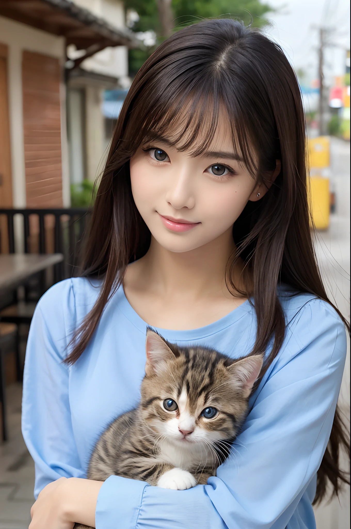 Beauty woman、Holding a kitten、Residential area、(((top-quality, ​masterpiece))), (((ighly detailed)))