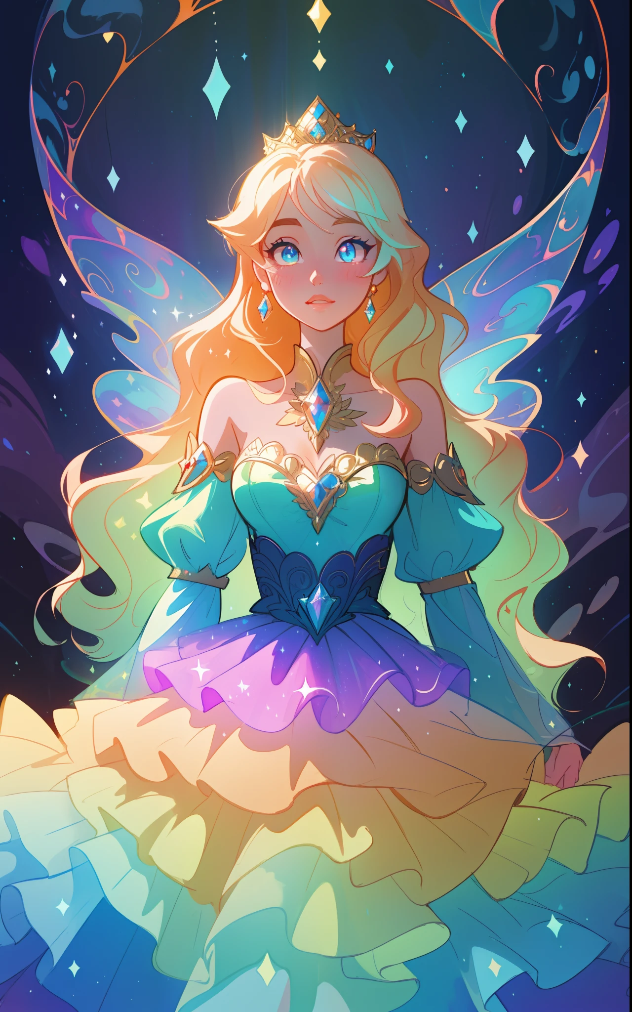 beautiful girl, puffy tiered rainbow ballgown, princess, intricate dress design, (colorful), long wavy hair, magical lights, sparkling magical liquid, inspired by Glen Keane, inspired by Lois van Baarle, disney art style, by Lois van Baarle, glowing aura around her, by Glen Keane, jen bartel, glowing lights! digital painting, flowing glowing hair, glowing flowing hair, beautiful digital illustration, fantasia background, whimsical, magical, fantasy, ((masterpiece, best quality)), intricate details, highly detailed, sharp focus, 8k resolution, sparkling detailed eyes, liquid watercolor