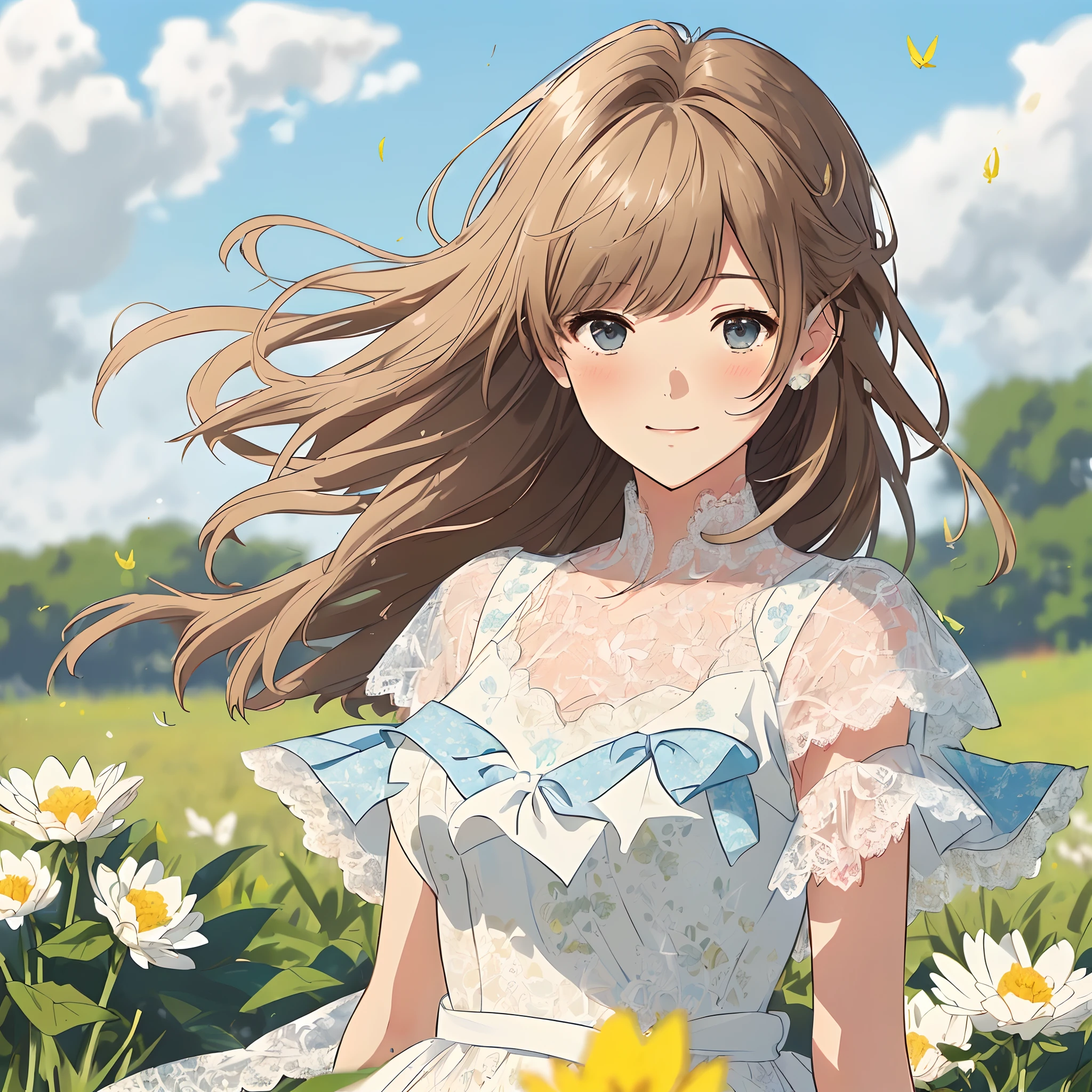 top-quality、​masterpiece、(1 adult female:1.3)、(Soft bust:1.2)、natural(huge tit)、slender、(View landscape:1.3)、Seen from the side、(Kamimei)、(thin and simple white lace dress:1.2)、Brown hair、(Hair is tied back)、(Hair fluttering in the wind:1.3)、Dark blue eyes、(Highlights in the eyes)、(Look at viewers:1.2)、de pele branca、red blush、A slight smil、(blue-sky:1.3)、Grassland、(Avoid the background around the upper body:1.3)、(Blur the background a lot to make the woman stand out:1.3)、beautiful lemon-colored flowers、diffuse sunlight