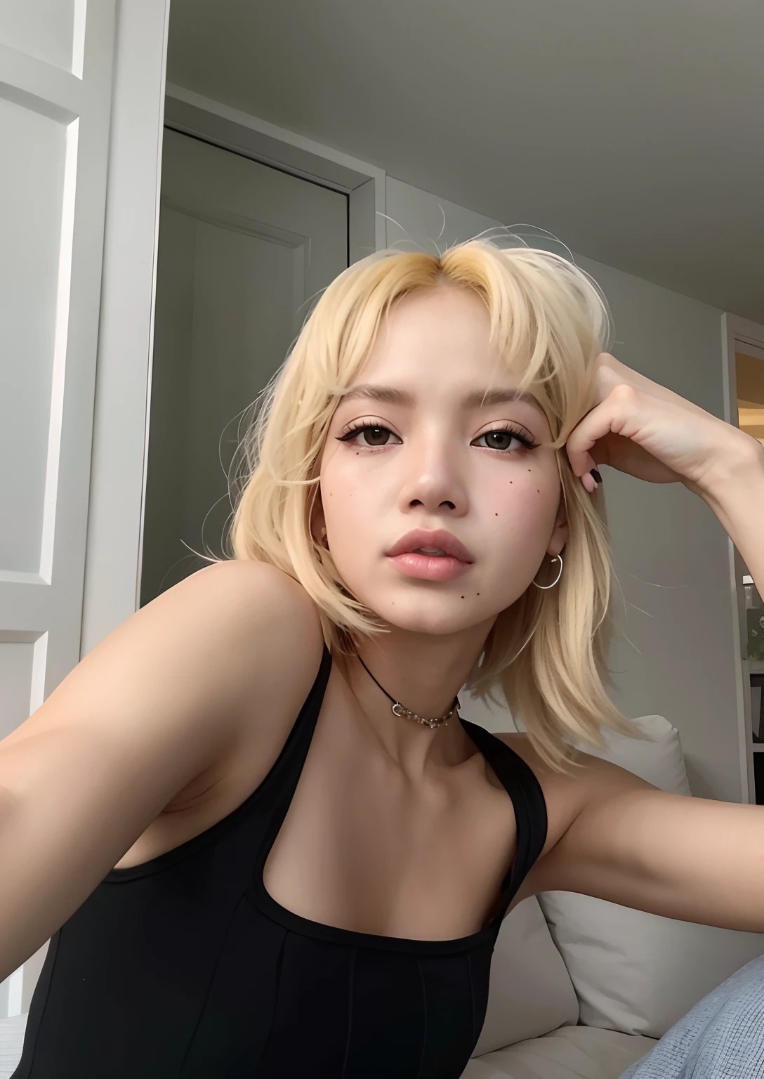 Blonde woman in a black blouse sitting on a sofa in a living room, Sun Yunjoo, con el pelo corto, Parque Roseanne de Blackpink, Lalisa Manobal, Retrato de Jossi de Blackpink, Foto de perfil de la foto de cabeza, Jossi de Blackpink, Su cabello es blanco, Imagen filtrada, cabello rubio amarillo medio, Heonhwa Choe, Taejune Kim