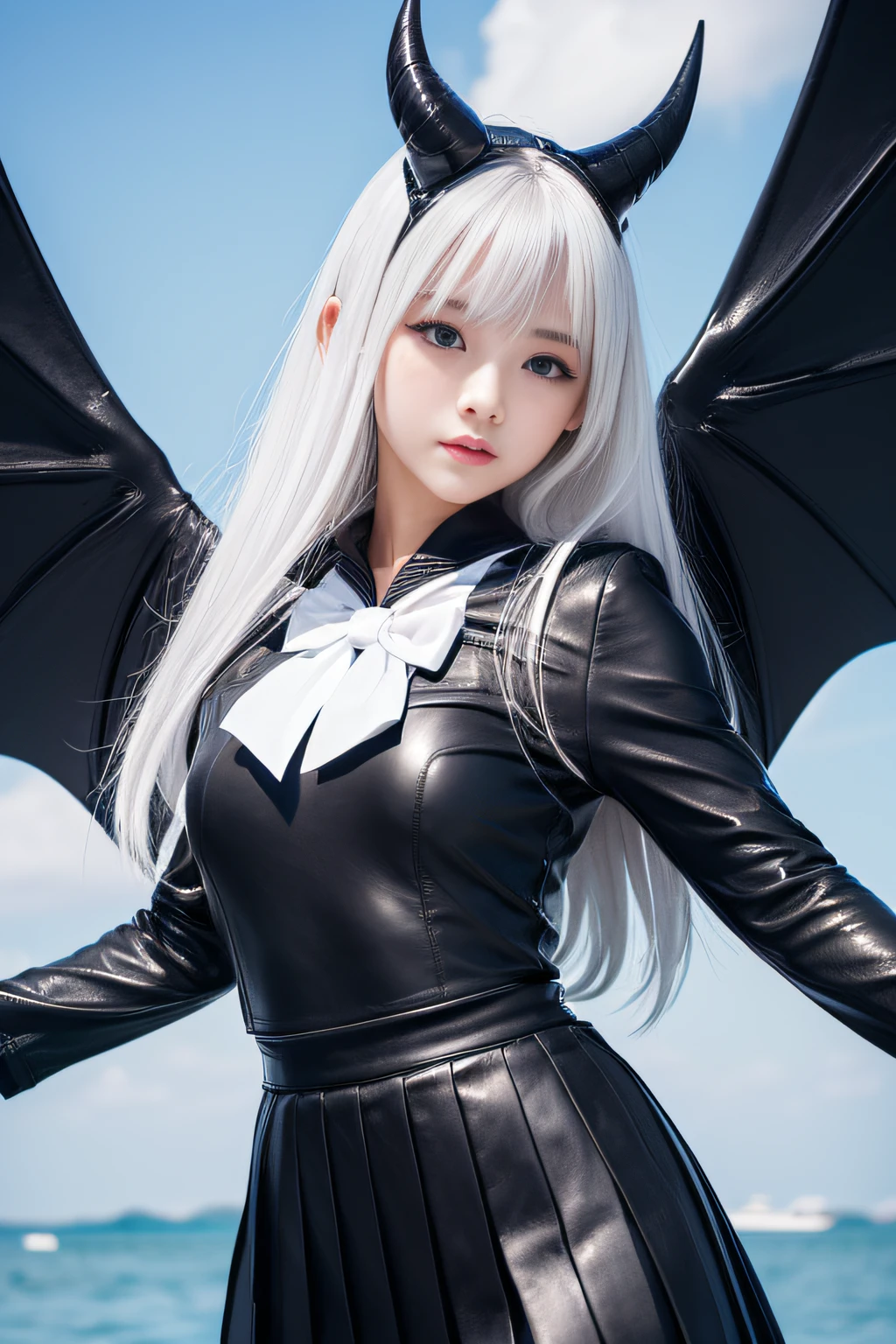 (masterpiece,top-quality,超A high resolution),A Japanese Lady、Cute as an angel、Kawaii Girl、View photographer、Front view, hyper cute face, Glossy lips, Double eyelids in both eyes, Natural makeup, long eyelashes, shiny and smooth hair, central image, Perfect limbs, Perfect Anatomy、(((Black leather sailor suit、Black Leather Pleated Skirt))),(Black pantyhose), (((Very beautiful girl)))、(((White hair)))、(((Giant Devil's Horn)))、(((giant bat wings))、(((levitation、Floating in the sky)))