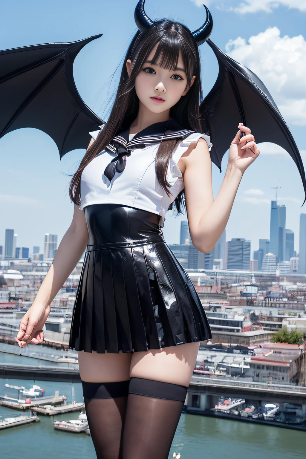 (​masterpiece,top-quality,超A high resolution),A Japanese Lady、Cute as an angel、Kawaii Girl、View photographer､Front view, hyper cute face, Glossy lips, Double eyelids in both eyes, Natural makeup, long eyelashes, shiny and smooth hair, central image,  Perfect limbs, Perfect Anatomy、(((Black leather sailor suit、Black Leather Pleated Skirt､Navel))),(((Black Leather Knee High Boots))), (((Very beautiful 14 year old girl)))、(((White Super Long Hair)))､(((Giant Devil Horn)))､(((Black giant bat wings))､(((Heavenly sky background、​​clouds)))、(((Japan holding a sword)))