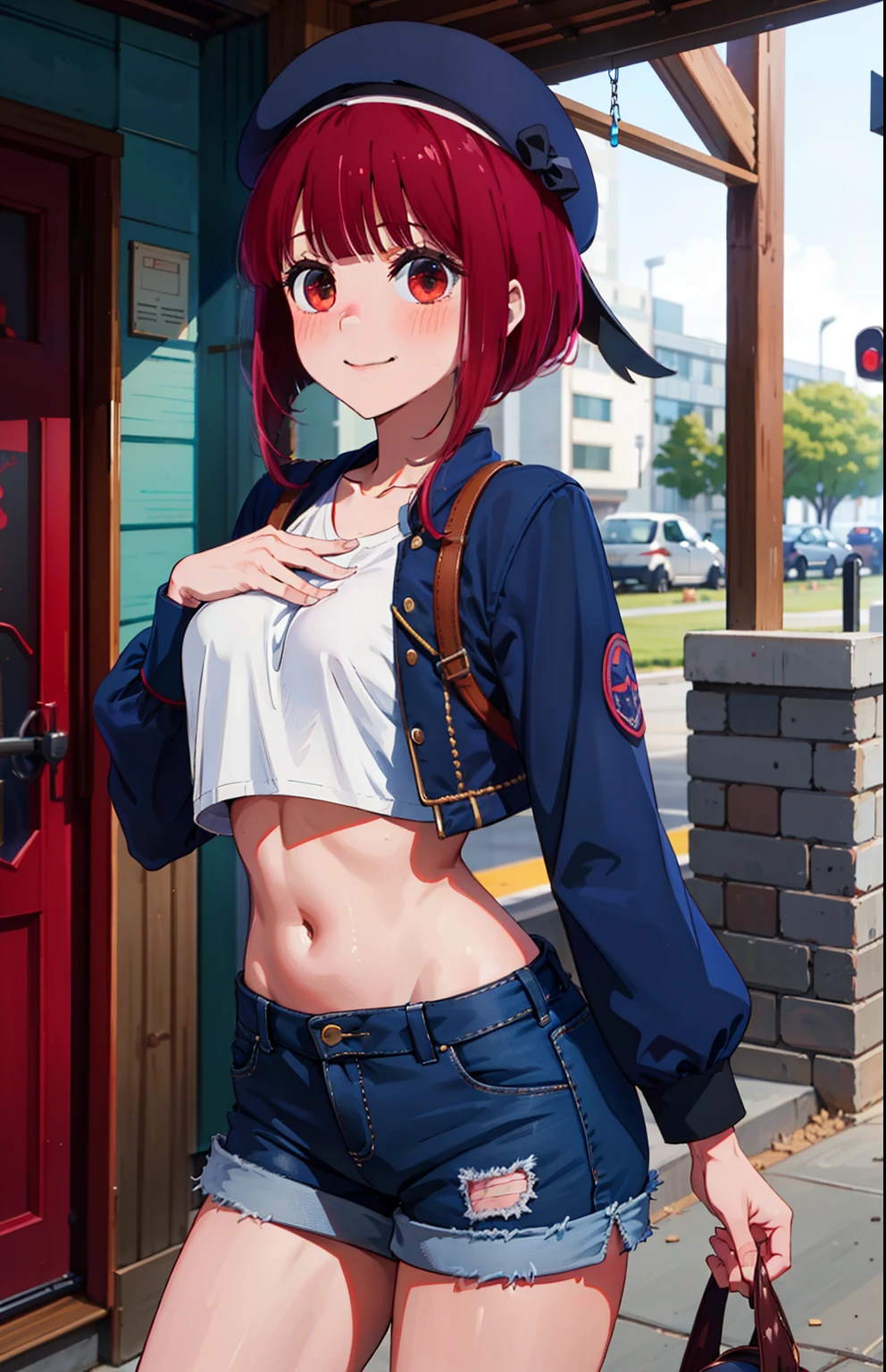 1girl, Arima Kana, Hat, Blue headdress, beret, blunt bangs, jacket, Cropped jeans, short pants, crop top, Show stomach, Madinah Road, Standing, (巨作:1.2), highres, Best Quality, 8k, sexy pose, blush, Shy up, smile, V-neck shirt, Show middle breast, Bret Out, stocking, Extra short pants,