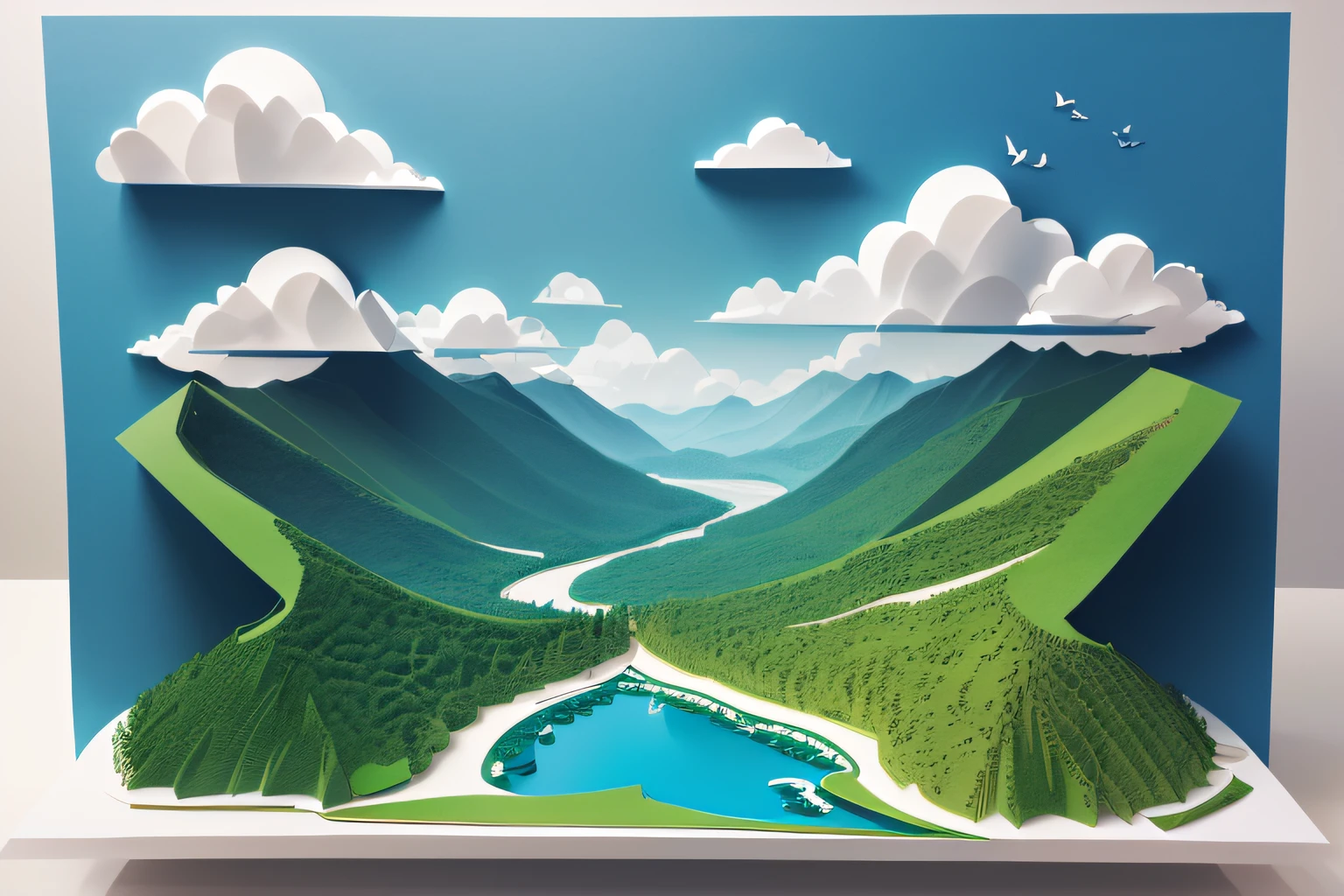 paper cut out,with blue sky and white clouds,Green Mountains and Green Water,terraced,Birds fly over it, layered paper art, arte em papel cortado, layered paper style, paper art, intricate 3 d illustration, paper cut out collage artwork, paper cut out, 3d minimalistic art, original and creative landscape, Multi-layered artwork, layered paper, paper modeling art, cut-out paper collage